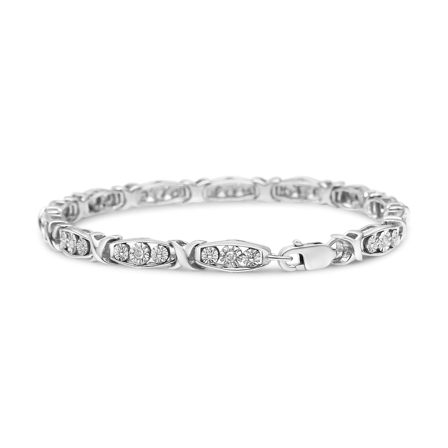 .925 Sterling Silver 1/10 Cttw Diamond Miracle Set 3 Stone Link Bracelet (I-J Color, I2-I3 Quality) - 7.25" Inches - Bijoux-NYC Direct