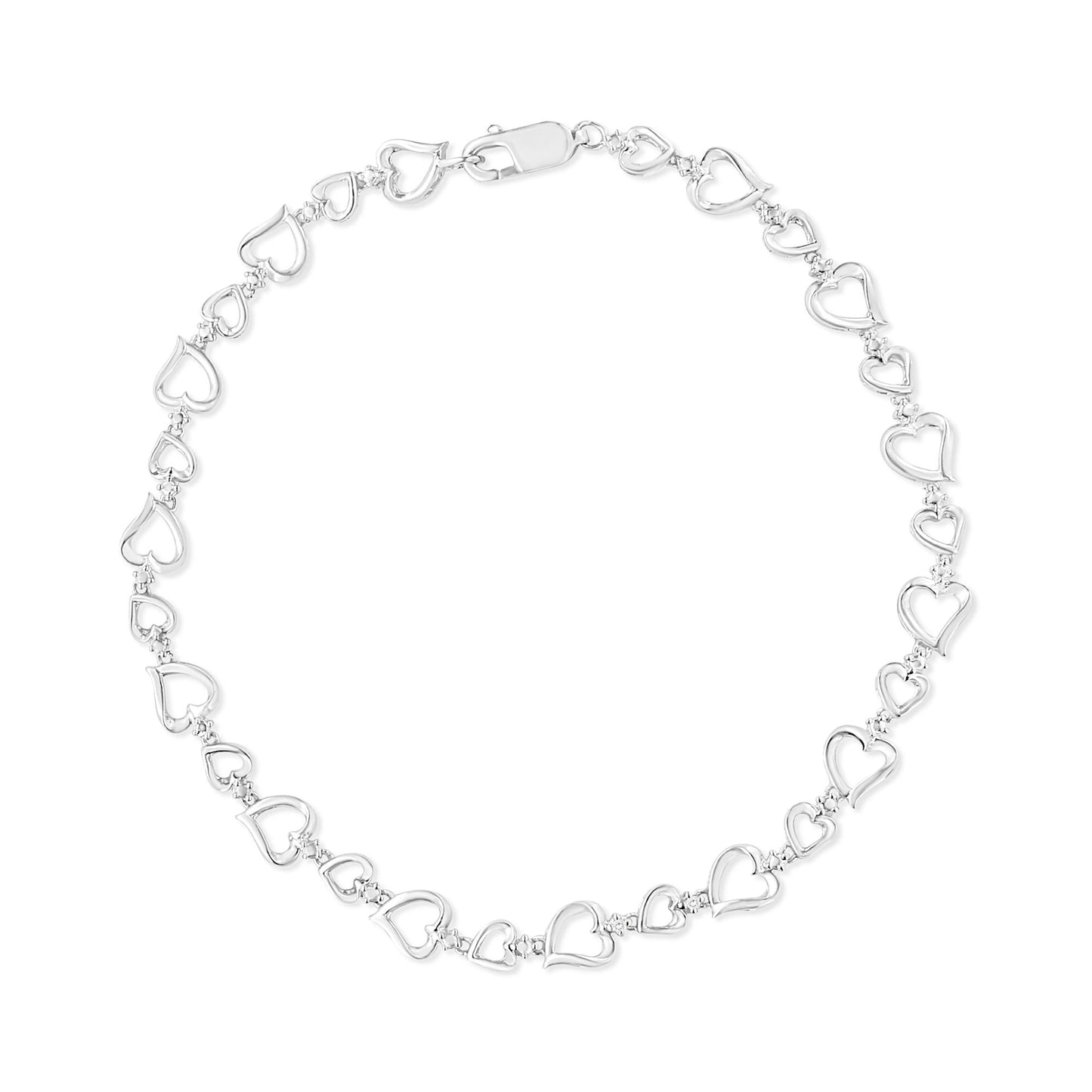 .925 Sterling Silver Prong Set Diamond Accent Alternating Heart Link Bracelet (I-J Color, I3 Clarity) - 7.25" Inches - Bijoux-NYC Direct