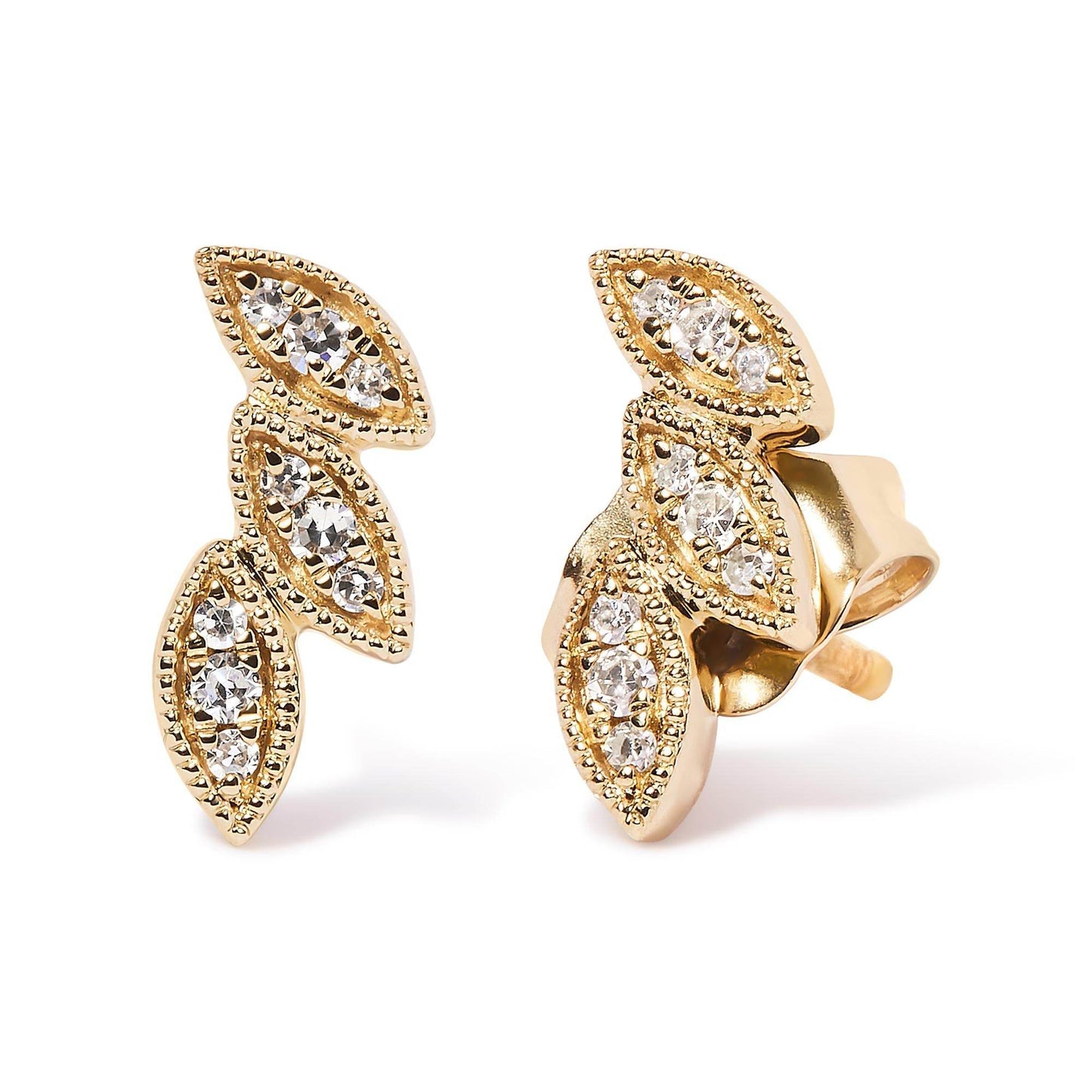 10K Yellow Gold 1/10 Cttw Diamond Triple Leaf Stud Earring (H-I Color, I1-I2 Clarity) - Bijoux-NYC Direct