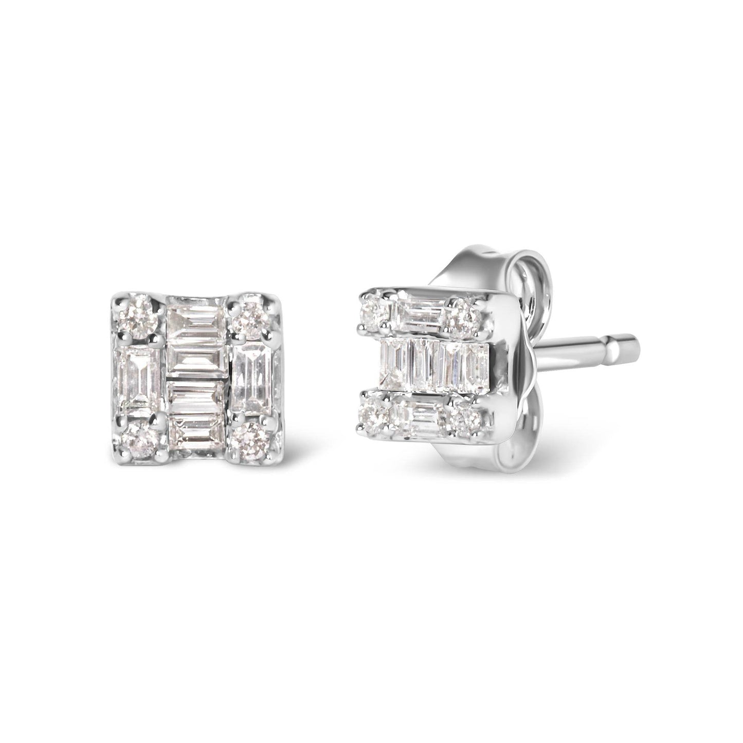 10K White Gold 1/7 Cttw Round and Baguette Diamond Mosaic Square Stud Earrings (H-I Color, I1-I2 Clarity) - Bijoux-NYC Direct