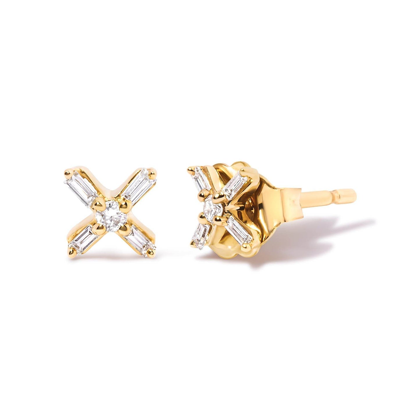 10K Yellow Gold 1/10 Cttw Round and Baguette Diamond Criss Cross X Stud Earring (H-I Color, I1-I2 Clarity) - Bijoux-NYC Direct