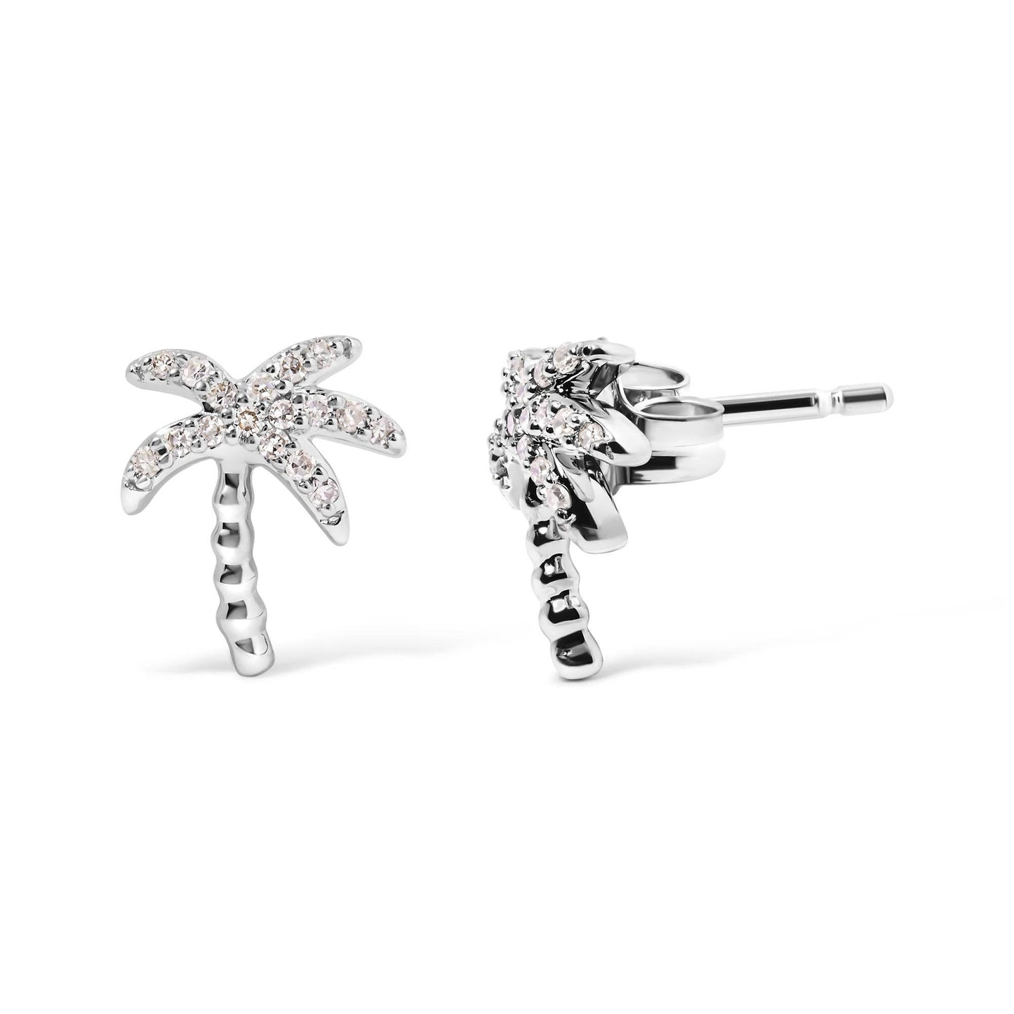 10K White Gold 1/10 Cttw Diamond Encrusted Palm Tree Stud Earrings (H-I Color, I1-I2 Clarity) - Bijoux-NYC Direct