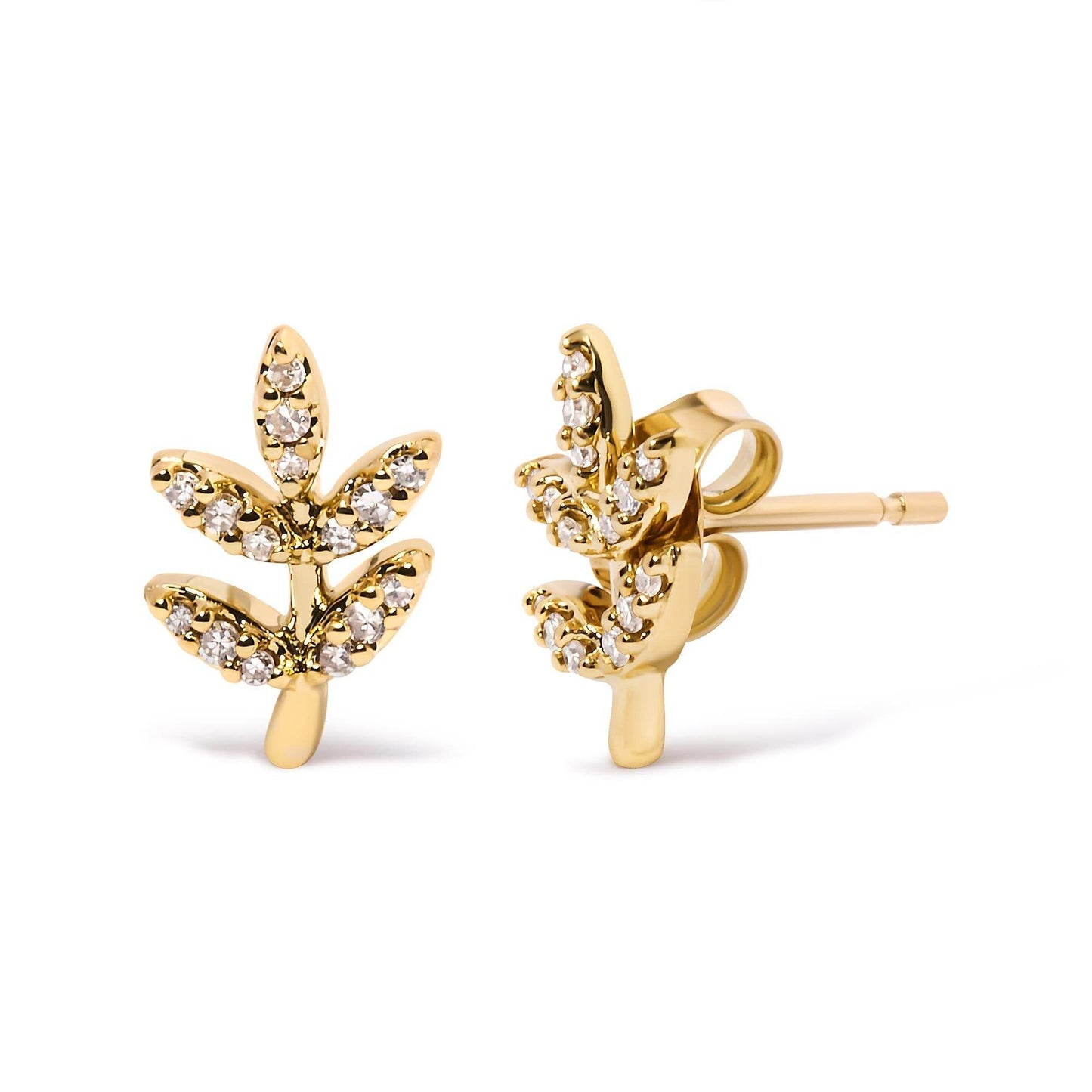 10K Yellow Gold 1/10 Cttw Diamond Accented Leaf and Branch Stud Earrings (H-I Color, I1-I2 Clarity) - Bijoux-NYC Direct