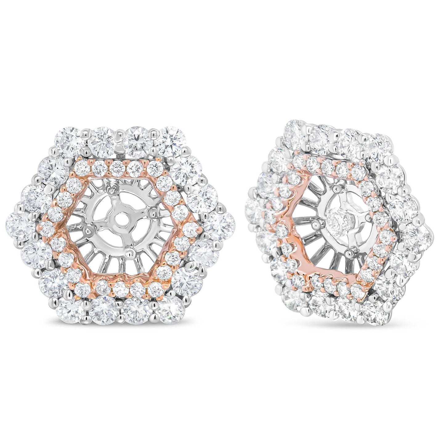 14K Rose and White Gold 1 7/8 Cttw Round Diamond Double Halo Earring Jacket for 6mm Round Studs (G-H Color, VS2-SI1 Clarity) - Bijoux-NYC Direct