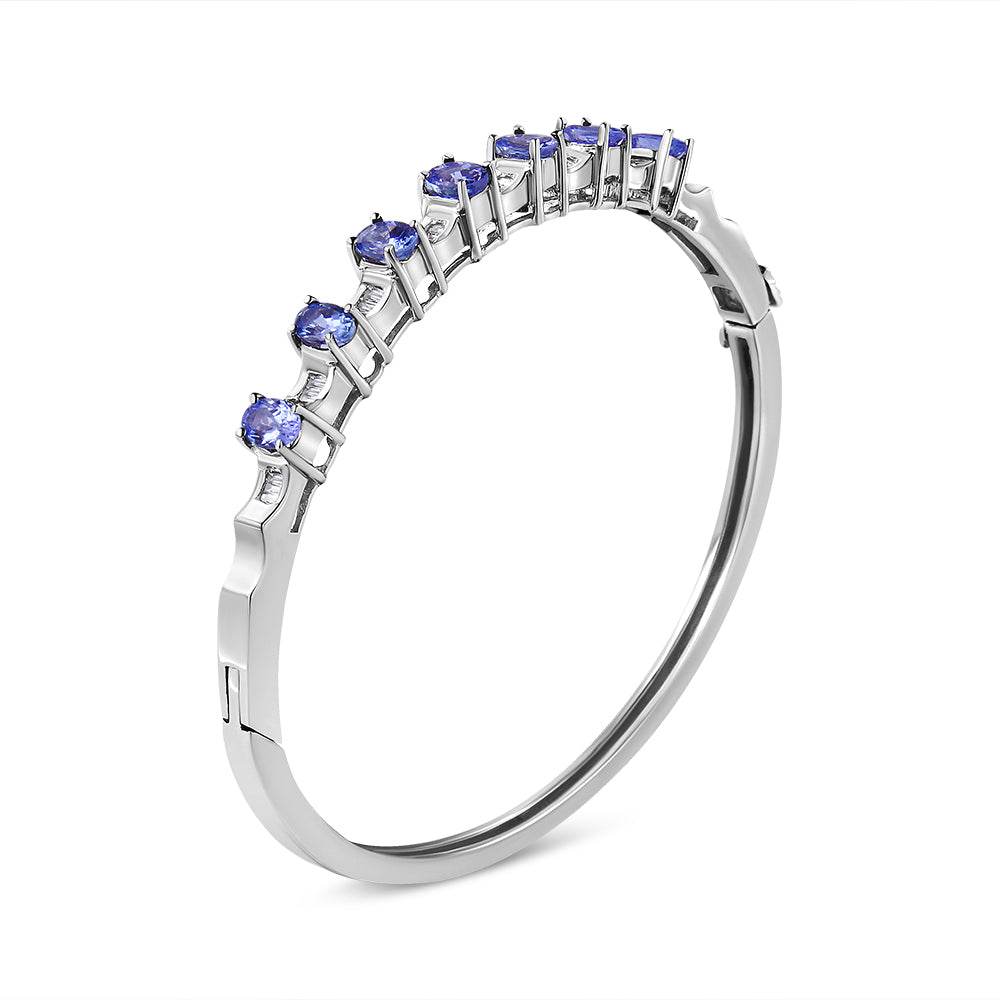 14K White Gold 5 MM Oval Blue Tanzanite and 1/4 Cttw Diamond Bangle (H-I Color, VS2-SI1 Clarity) - Fits wrists up to 7 1/2 Inches - Bijoux-NYC Direct