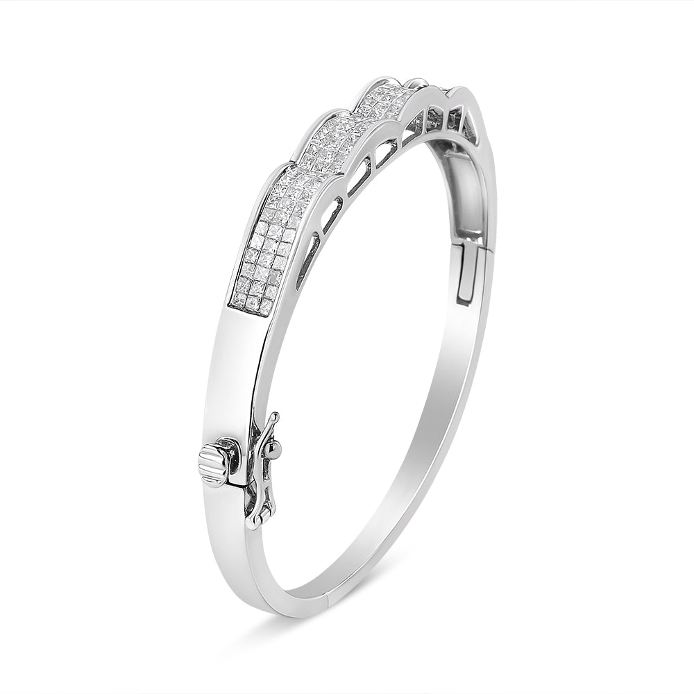 14K White Gold 3 1/3 Cttw Invisible Set Princess-Cut Diamond Wave Bangle Bracelet (H-I Color, SI1-SI2 Clarity) - Size 7" - Bijoux-NYC Direct