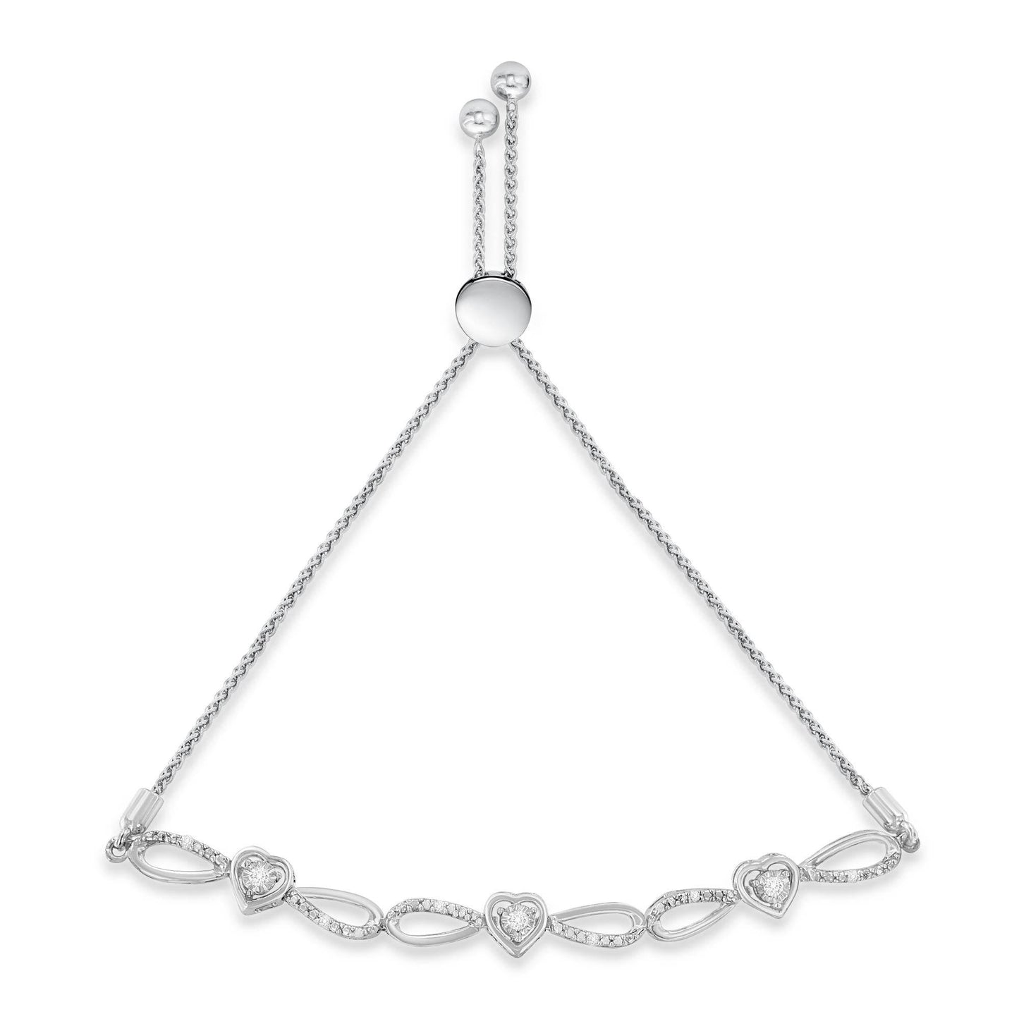 .925 Sterling Silver 1/10 Cttw Diamond Triple Heart-in-Infinity Bolo Style Adjustable Bracelet (H-I Color, I2-I3 Clarity) - Bijoux-NYC Direct
