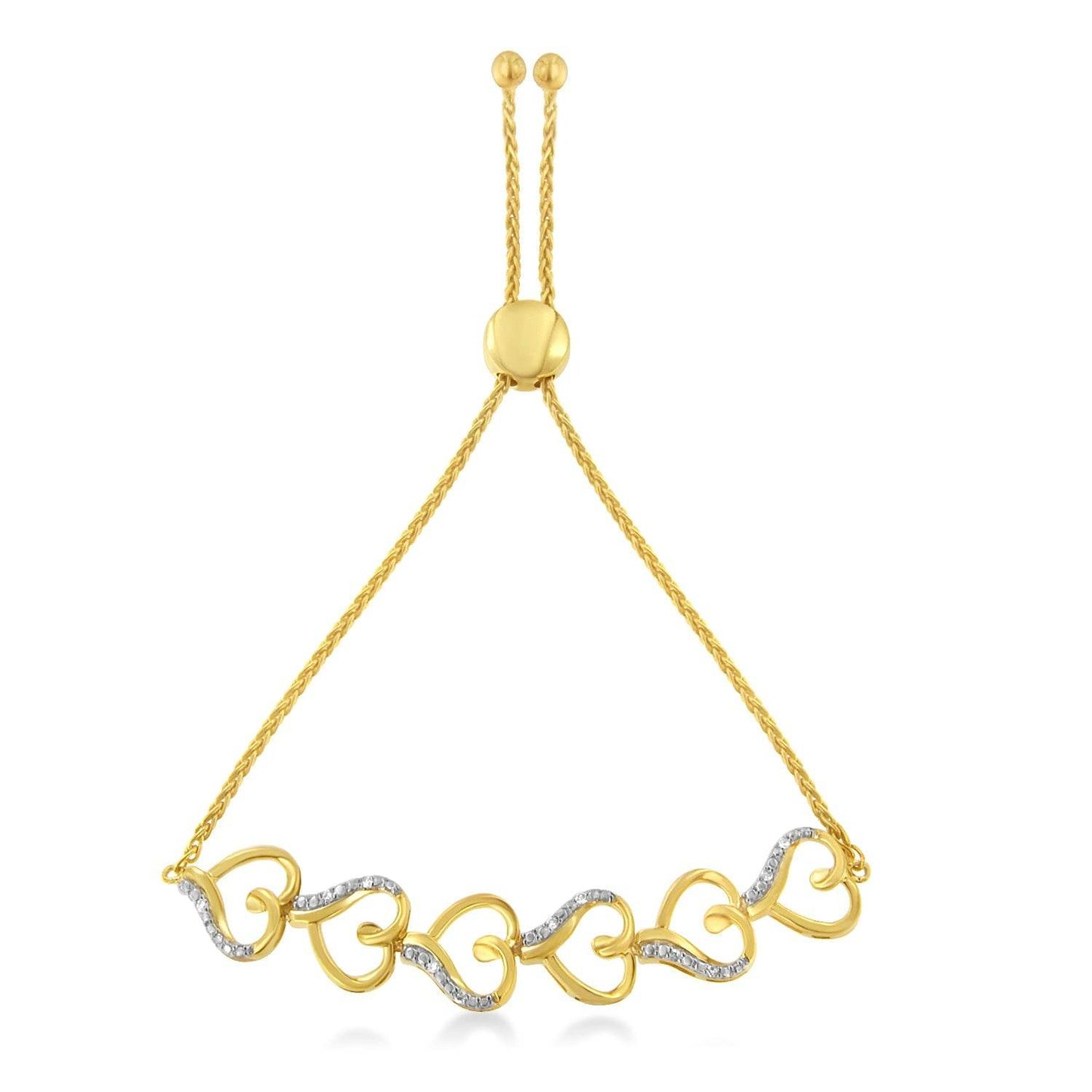 10K Yellow Gold over .925 Sterling Silver Diamond Accented Open Hearts 6”-9” Adjustable Chain Bolo Bracelet (H-I Color, I2-I3 Clarity) - Bijoux-NYC Direct