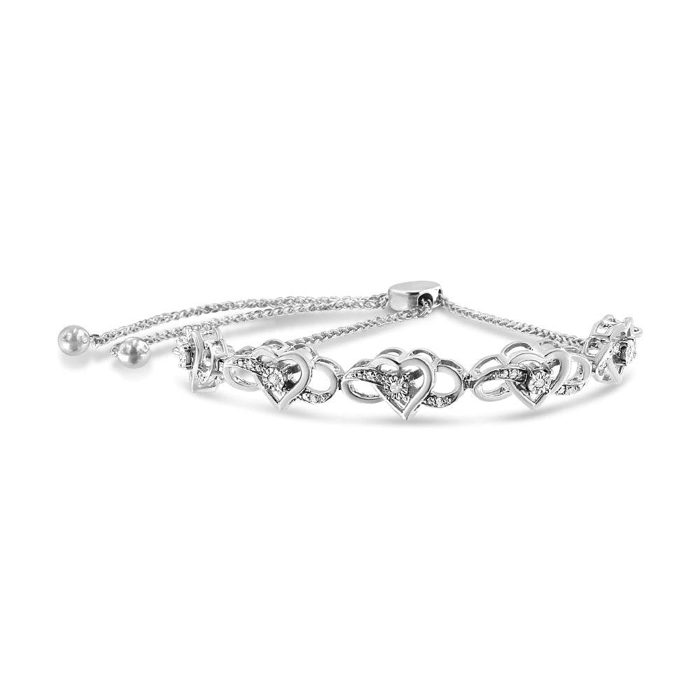 .925 Sterling Silver Miracle Set Diamond Accented Infinity Hearts 6”-9” Adjustable Bolo Bracelet (H-I Color, I2-I3 Clarity) - Bijoux-NYC Direct