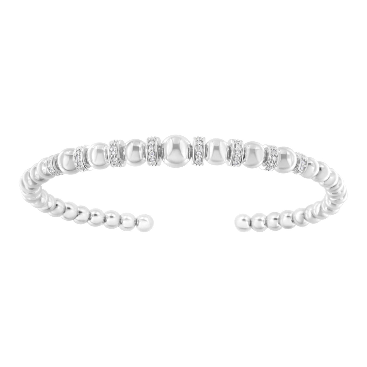 .925 Sterling Silver 1/4 Cttw Diamond Rondelle Graduated Ball Bead Cuff Bangle Bracelet (I-J color, I2-I3 clarity) - Fits wrists up to 7 1/2 inches - Bijoux-NYC Direct