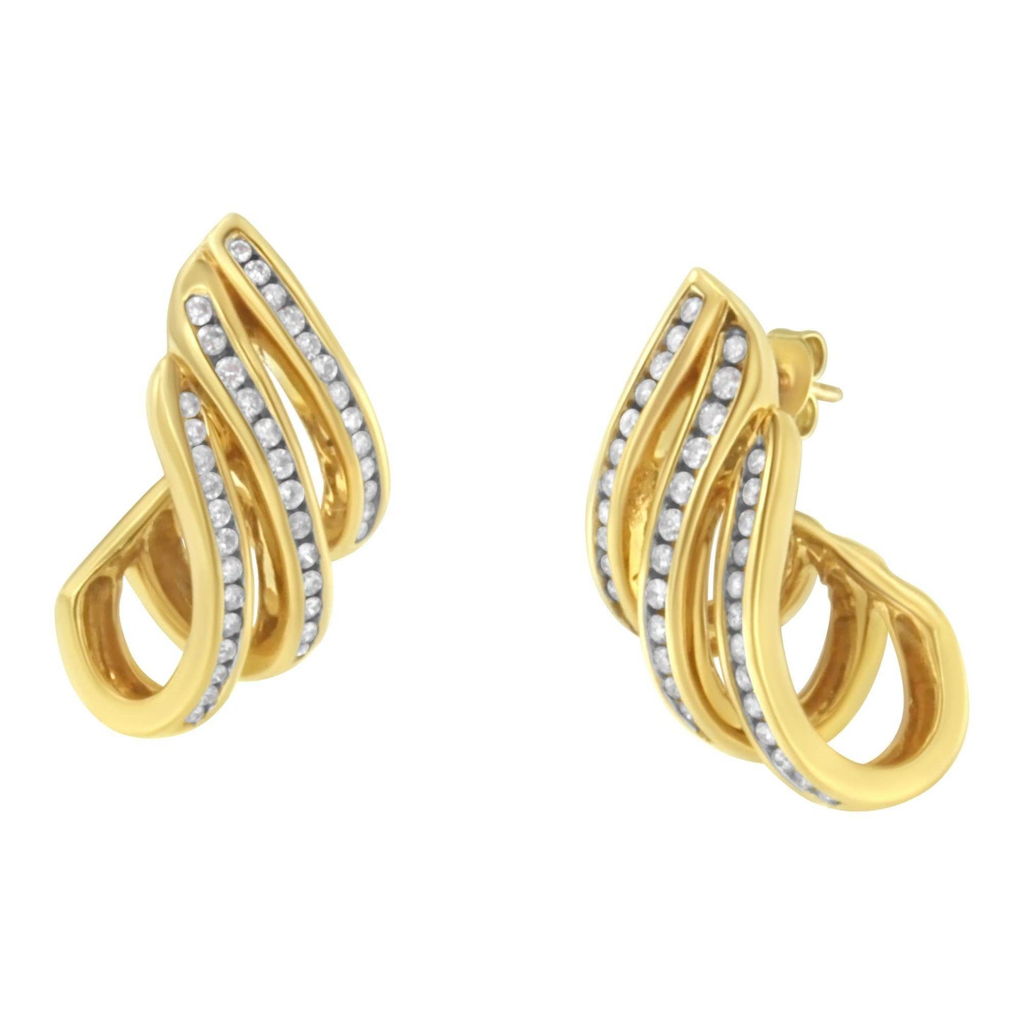 10K Yellow Gold 1.0 Cttw Round Brilliant Cut Diamond Spiral Multi Row Channel Set Open Hoop Pushback Stud Earrings (H-I Color, I1-I2 Clarity) - Bijoux-NYC Direct