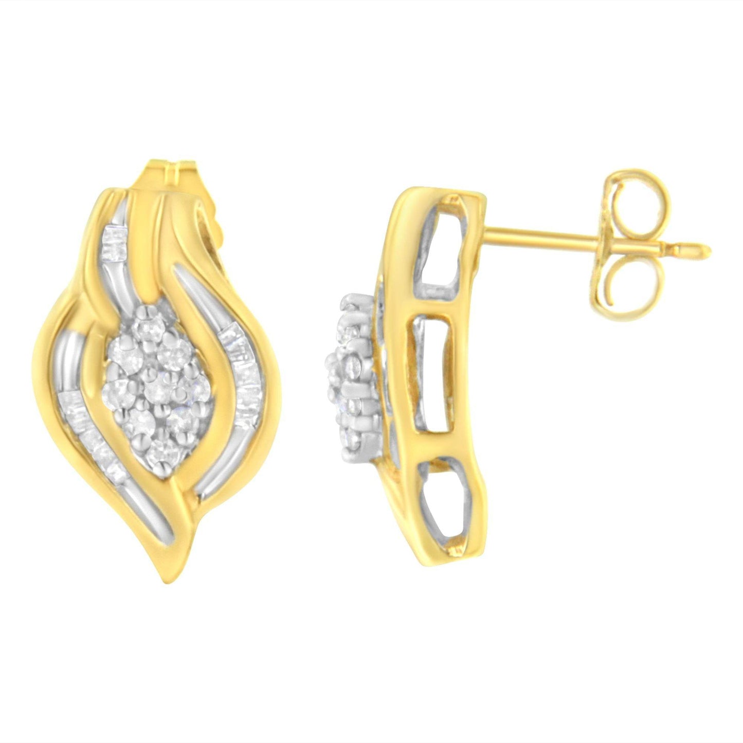 10K Yellow Gold 1/3 cttw Round-Cut Diamond Cluster and Swirl Stud Earrings (J-K Clarity, I2-I3 Color) - Bijoux-NYC Direct