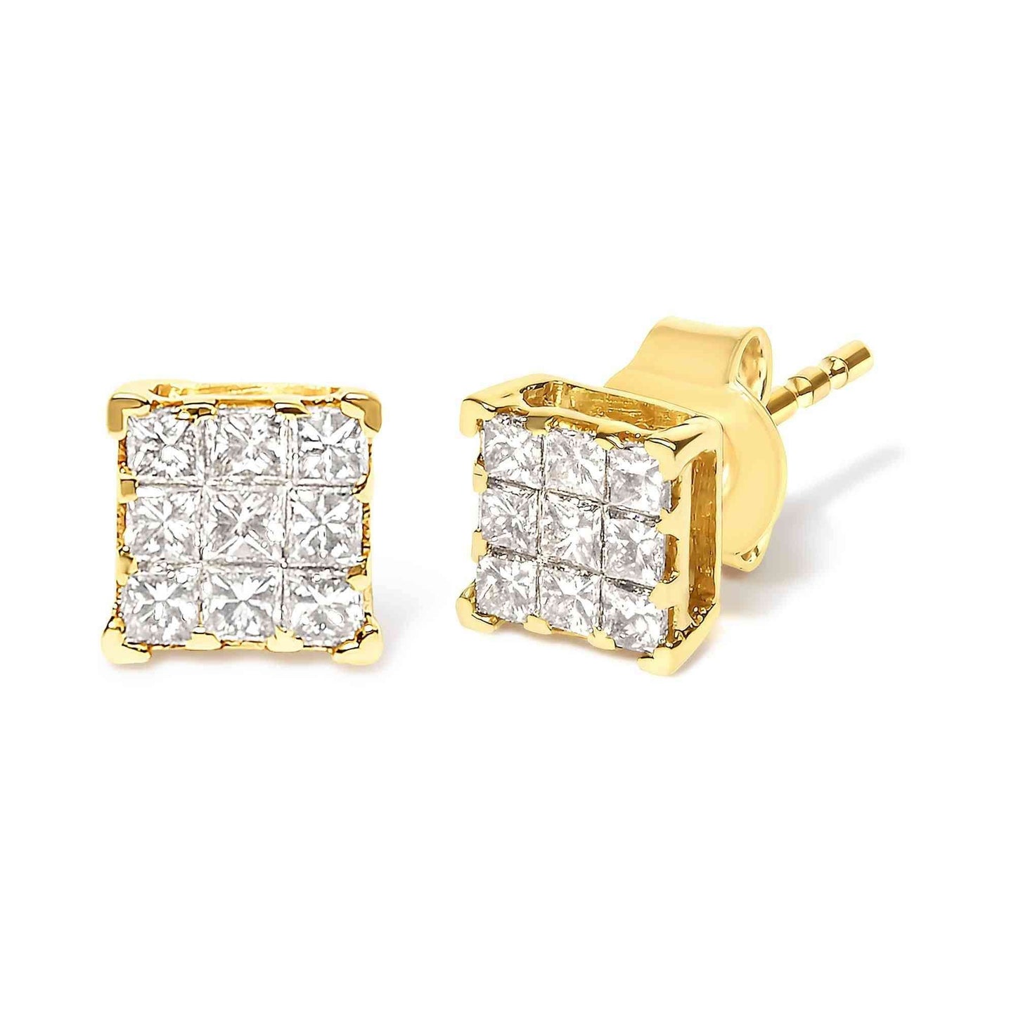14K Yellow Gold 1/2 Cttw Invisible Set Princess-Cut Diamond 9 Stone Square Stud Earrings (J-K Color, SI2-I1 Clarity) - Bijoux-NYC Direct