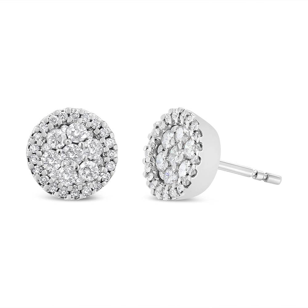 14K White Gold 1.0 Cttw Brilliant-Cut Diamond Halo-Style Cluster Round Button Stud Earrings (H-I Color, I1-I2 Clarity) - Bijoux-NYC Direct