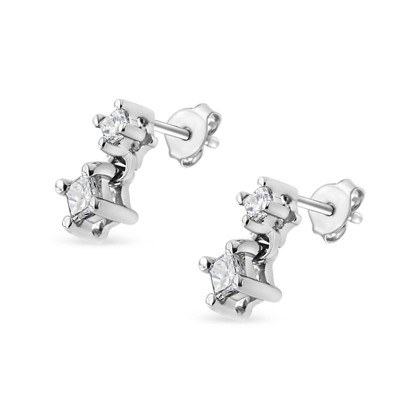 14K White Gold 1/4 Cttw 4 Prong Set Princess-Cut Double Diamond Drop and Dangle Stud Earrings (I-J Color, I2-I3 Clarity) - Bijoux-NYC Direct
