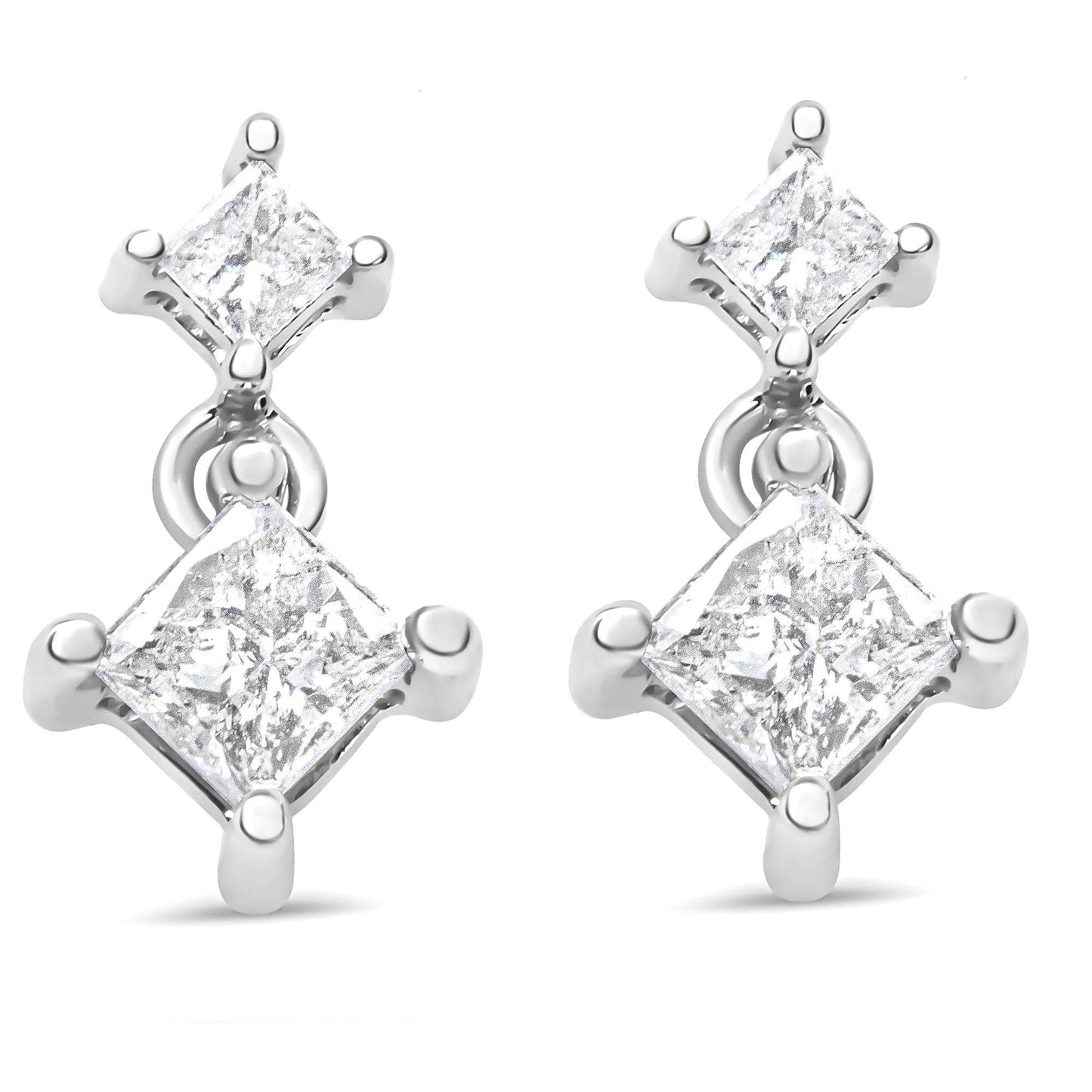 14K White Gold 3/8 Cttw Princess-Cut Diamond Double Dangle 2 Stone Stud Drop Earrings for Women (I-J Color, I2-I3 Clarity) - Bijoux-NYC Direct
