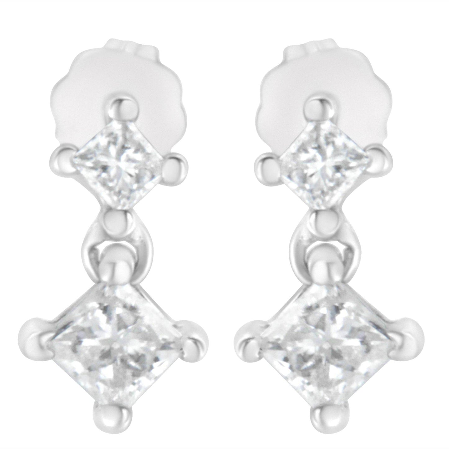 14K White Gold 3/4 cttw Double Diamond Princess-Cut Stud Earrings (I-J Clarity, I2-I3 Color) - Bijoux-NYC Direct
