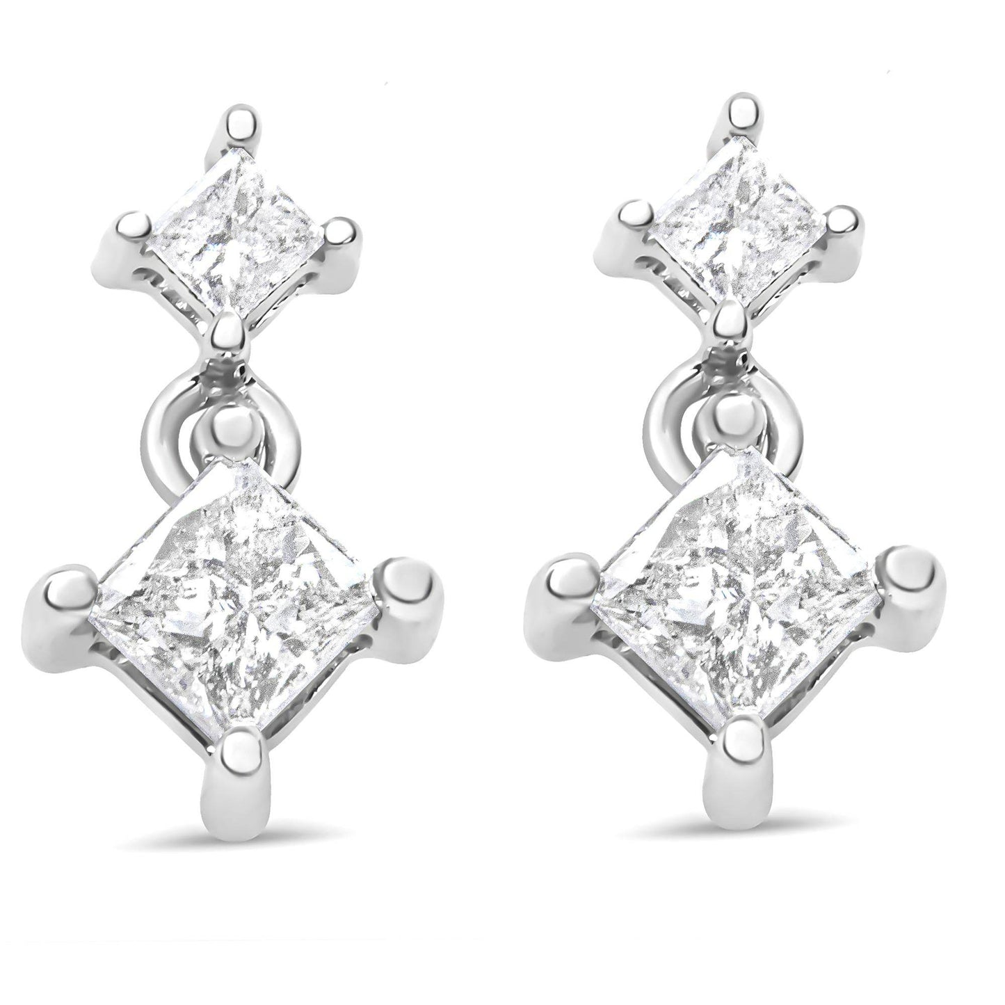 14K White Gold 1.0 Cttw Princess-Cut Double Diamond Drop Stud Earrings for Women (H-I Color, I1-I2 Clarity) - Bijoux-NYC Direct