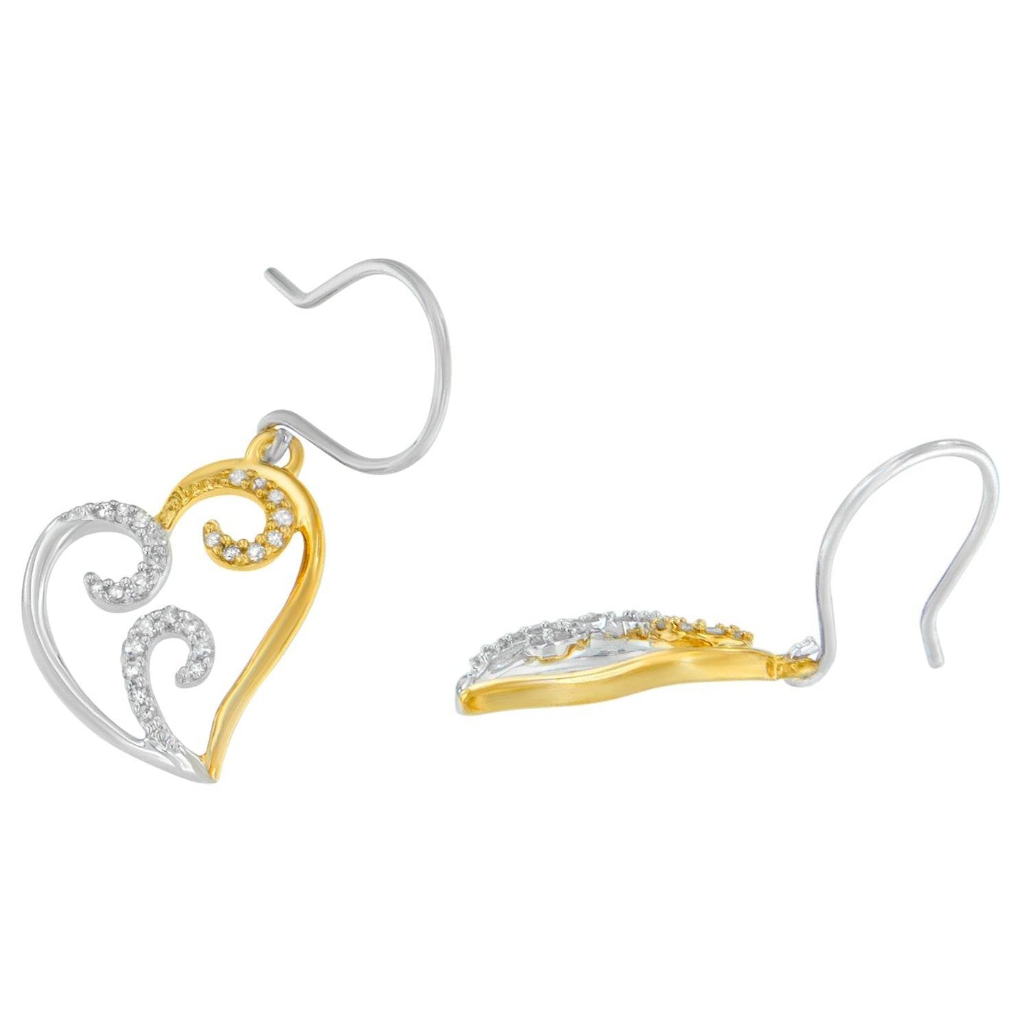 10K Two-tone Gold Round Diamond Heart Dangle Earrings (1/4 cttw, I-J Color, I2-I3 Clarity) - Bijoux-NYC Direct