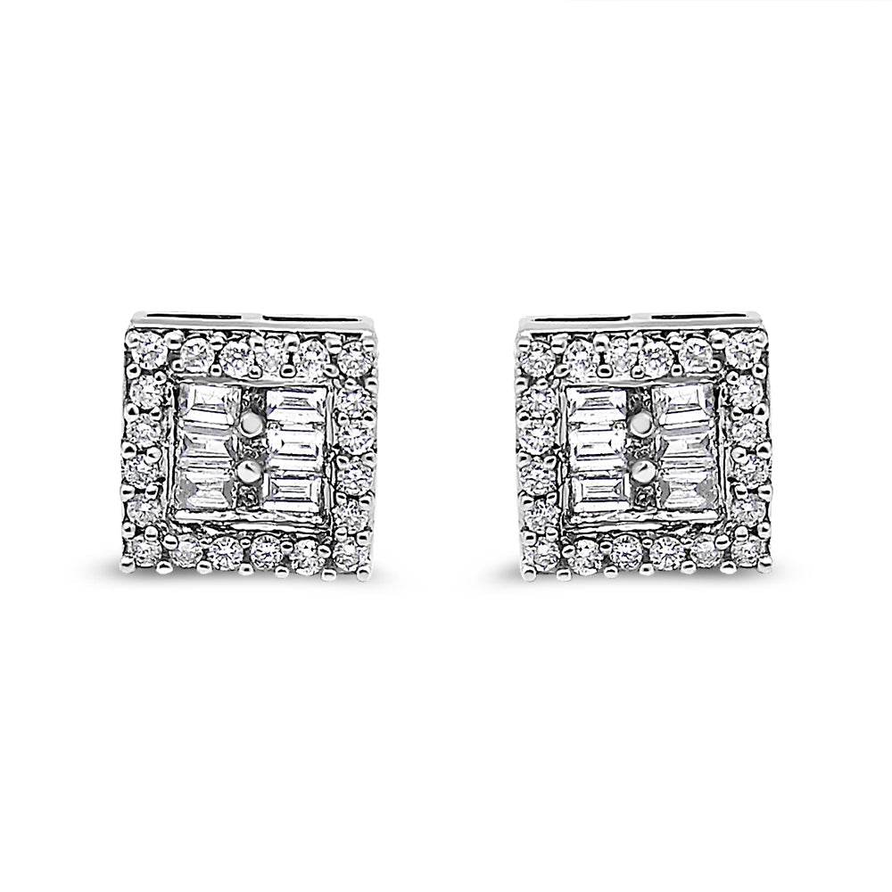 14K White Gold 1 cttw Round and Baguette Diamond Stud Earrings (H-I, SI1-SI2) - Bijoux-NYC Direct