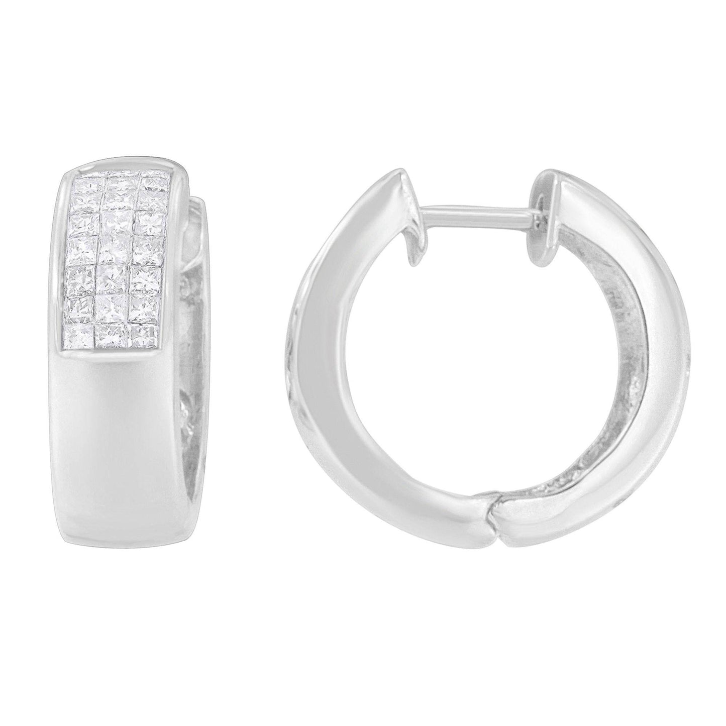 14K White Gold 1 1/8 cttw Princess and Round Cut Diamond Huggie Earrings (H-I, VS1-VS2) - Bijoux-NYC Direct