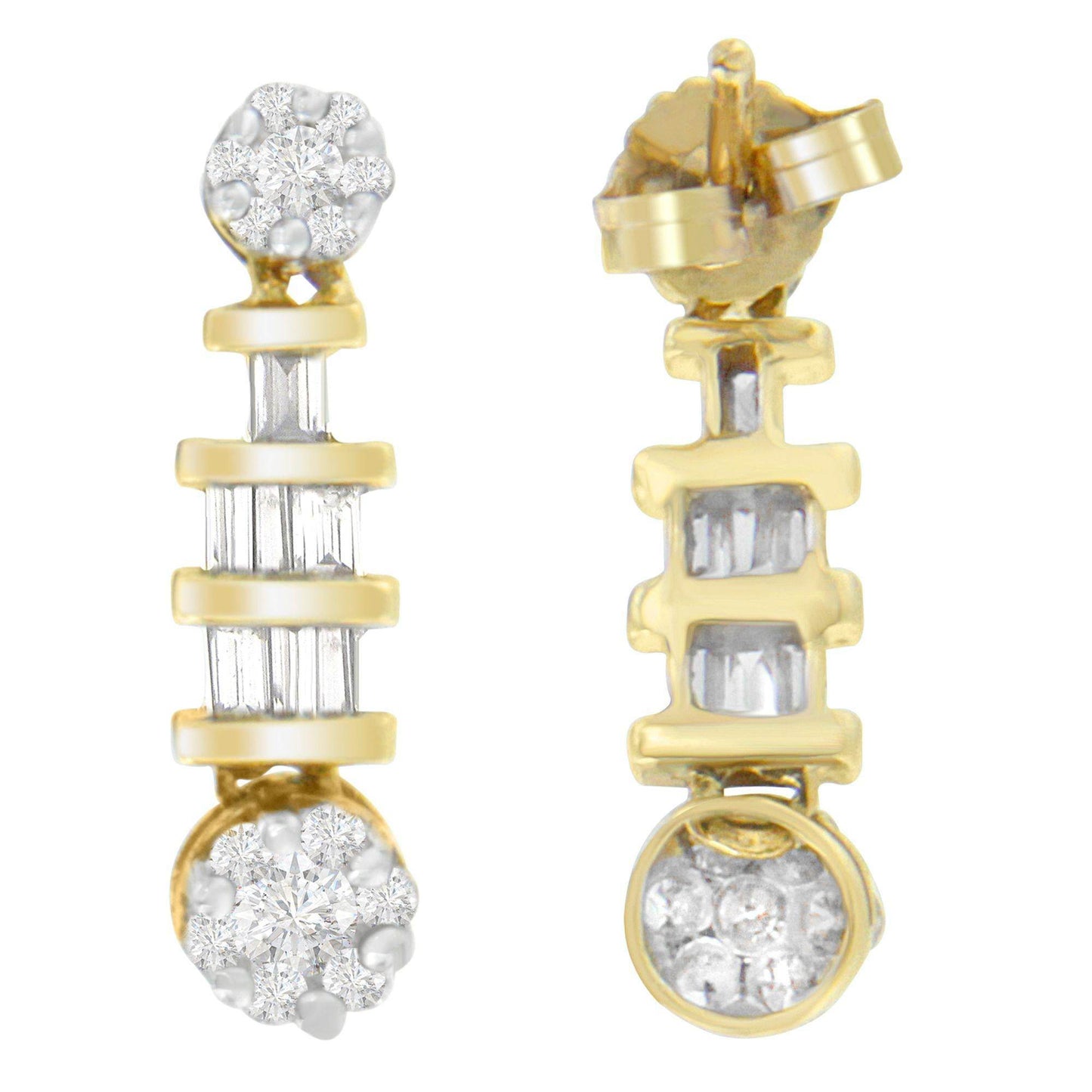 14K Yellow Gold 3/4ct. TDW Round and Baguette-cut Diamond Earrings(H-I,SI1-SI2) - Bijoux-NYC Direct
