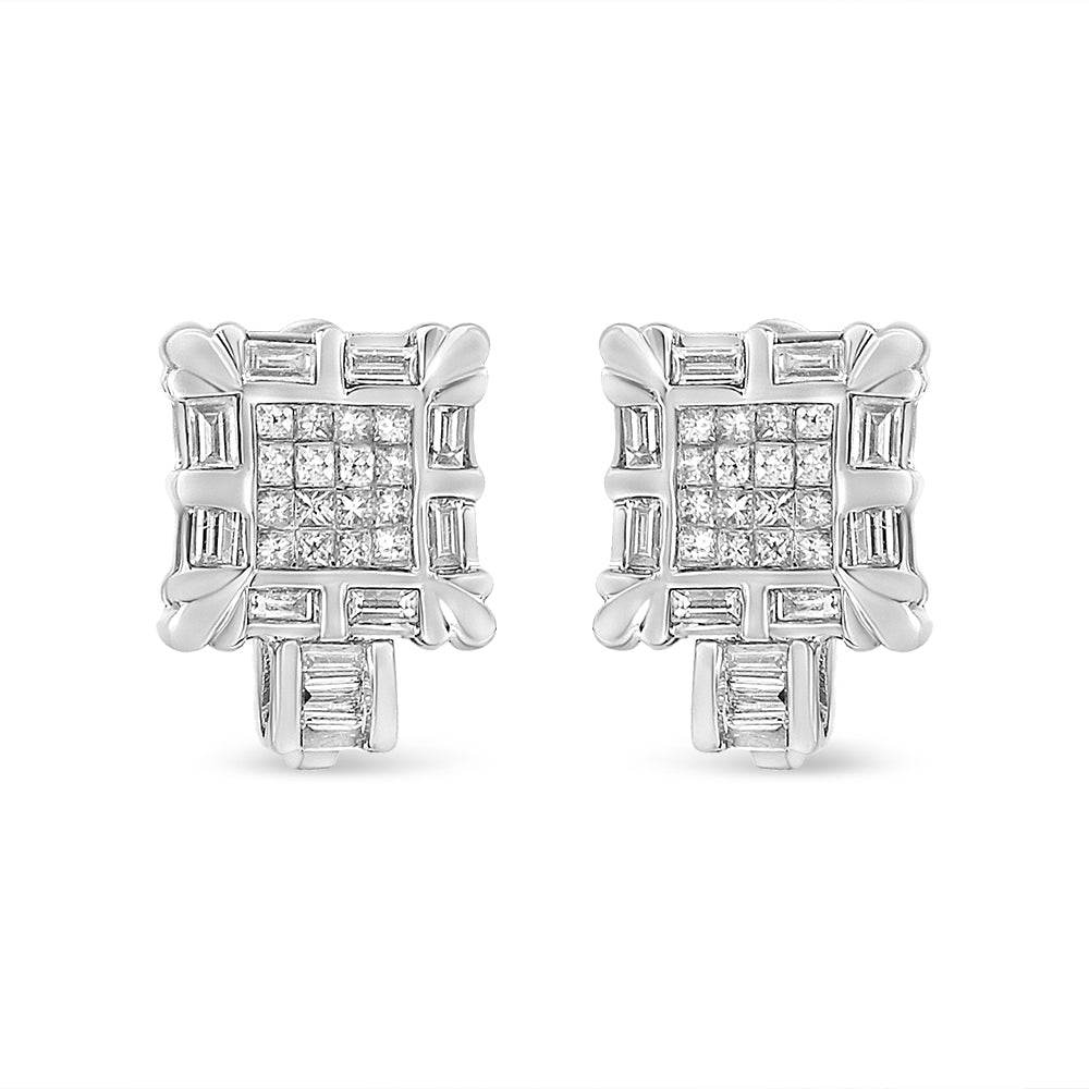 14K White Gold 1.0 Cttw Princess and Baguette-Cut Diamond Square Framed Huggie Hoop Omega Earrings (H-I Color, SI1-SI2 Clarity) - Bijoux-NYC Direct