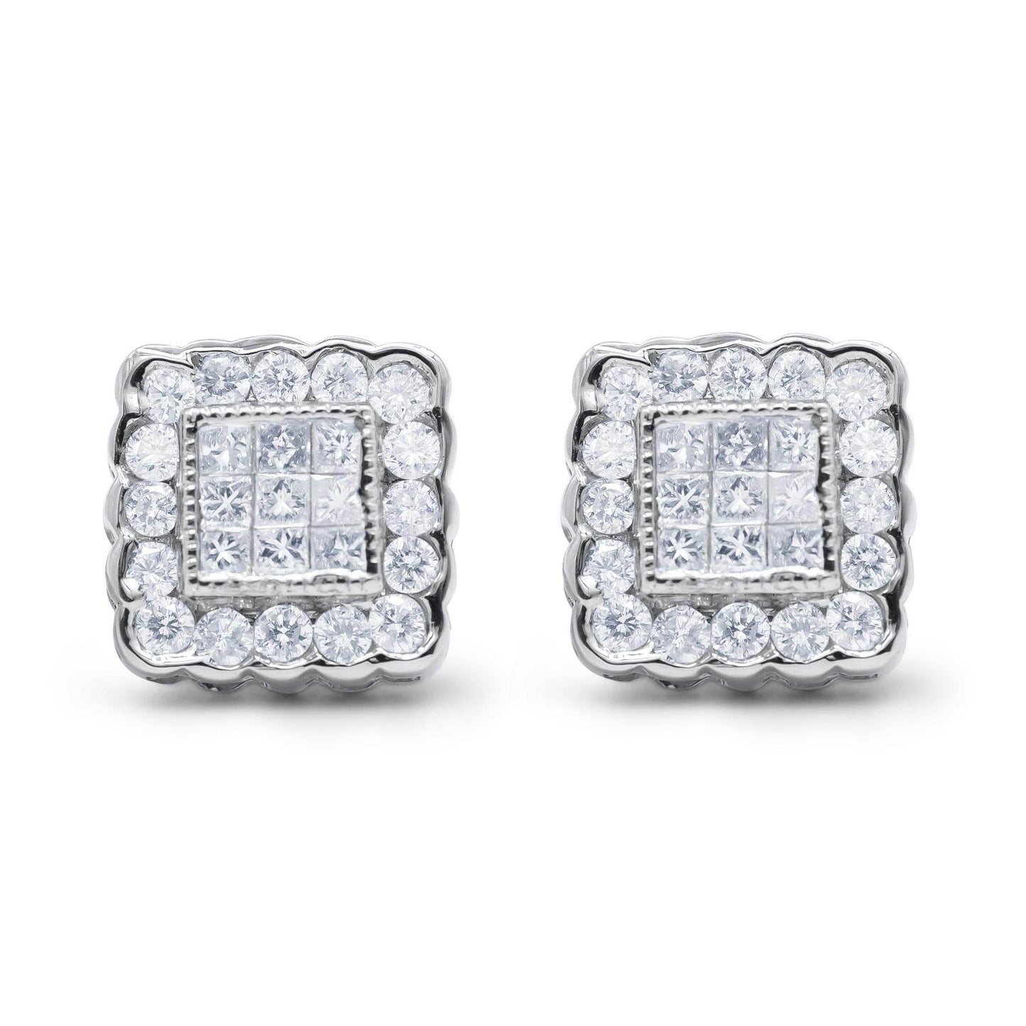 14K White Gold 1.0 Cttw Round Brilliant & Princess Cut Diamond Scallop-Edge Framed Square Halo Stud Earrings (G-H Color, SI1-SI2 Clarity) - Bijoux-NYC Direct