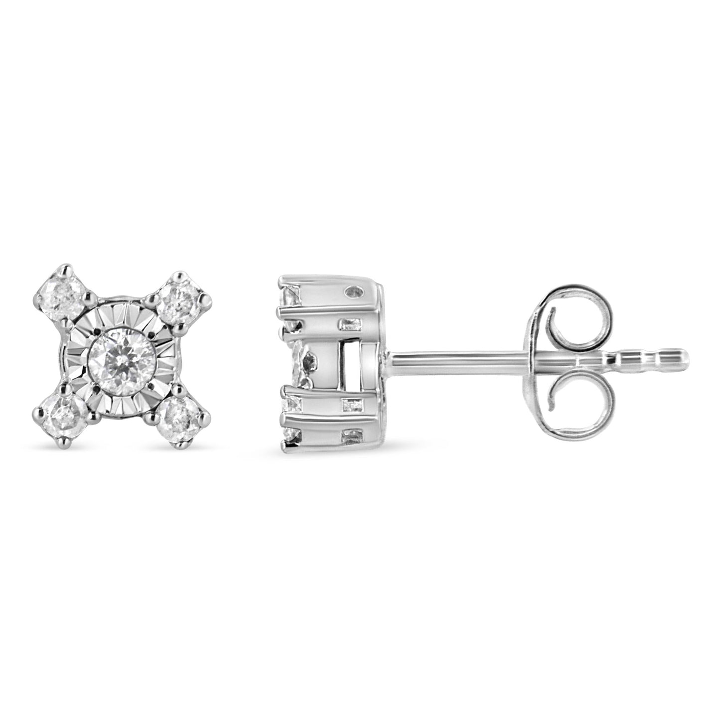.925 Sterling Silver 1/4 Cttw Miracle Plate Set Round and Princess-Cut Diamond "X" Shaped Stud Earrings (I-J Color, I2-I3 Clarity) - Bijoux-NYC Direct