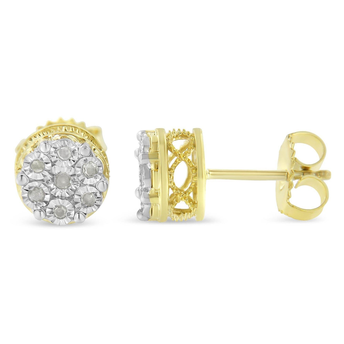 10K Yellow Gold over .925 Sterling Silver 1/7 Cttw Rose-Cut Miracle-Set Diamond Floral Cluster Button Stud Earrings (I-J Color, I3 Clarity) - Bijoux-NYC Direct
