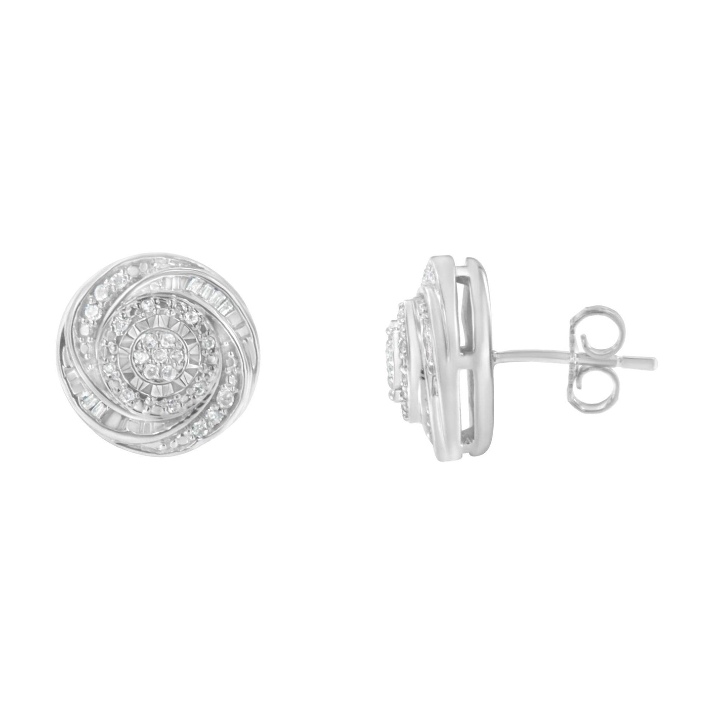 .925 Sterling Silver 1/4 Cttw Baguette and Round Diamond Swirl Love Knot Stud Earrings (I-J Color, I3 Clarity) - Bijoux-NYC Direct