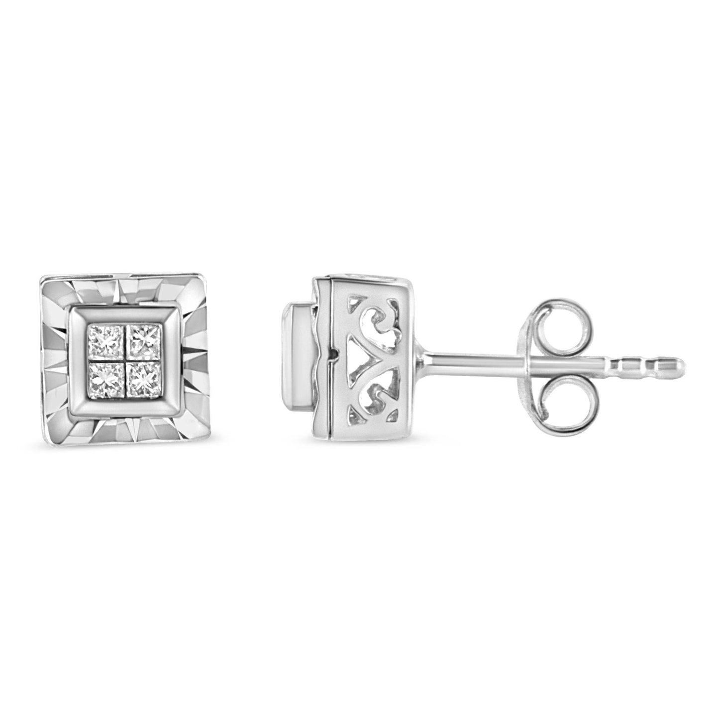 .925 Sterling Silver 1/6 Cttw Invisible Set Princess-Cut Diamond Quad Composite Stud Earrings (H-I Color, I1-I2 Clarity) - Bijoux-NYC Direct