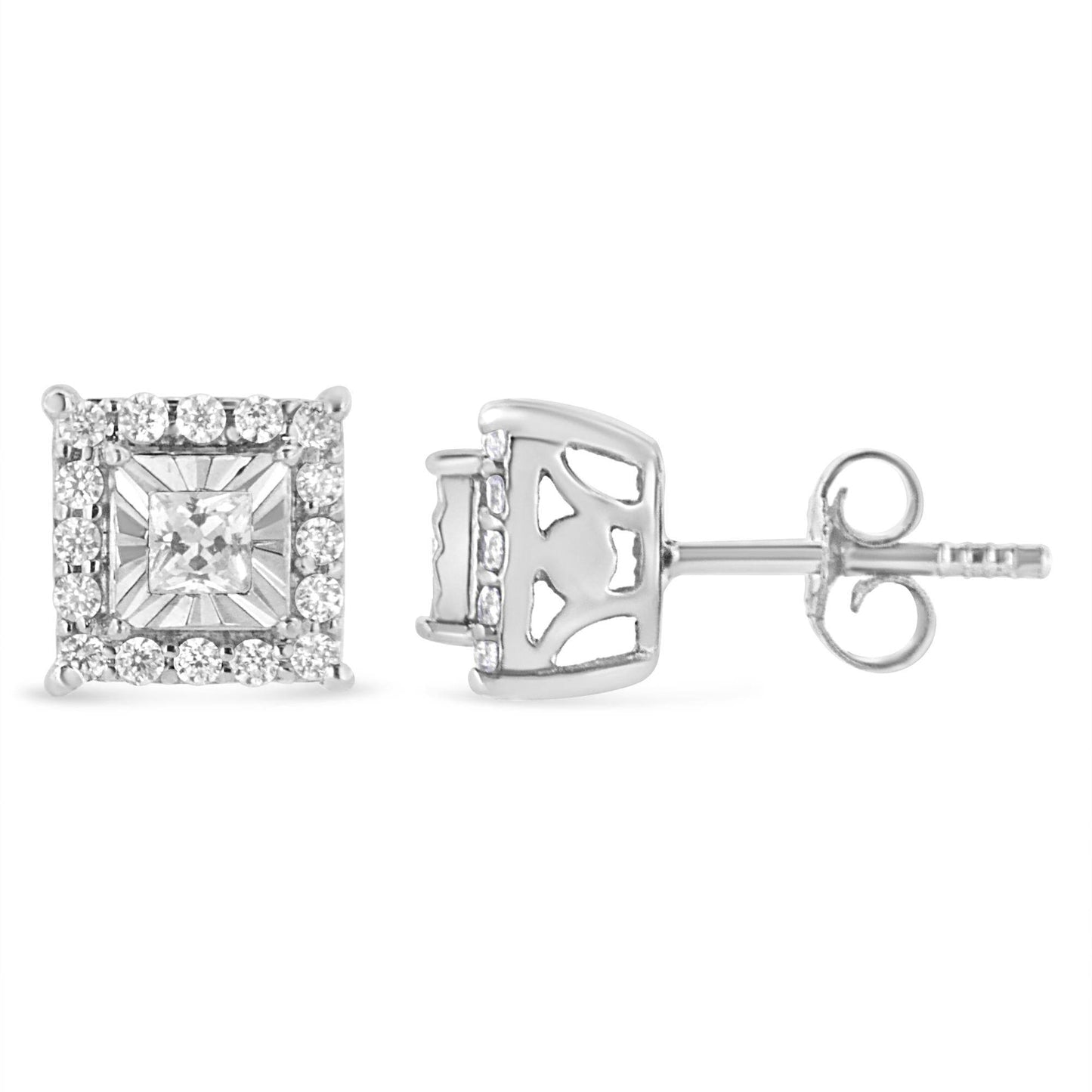 .925 Sterling Silver 1/4 Cttw Princess and Round Cut Diamond Halo Stud Earrings (I-J Color, I2-I3 Clarity) - Bijoux-NYC Direct