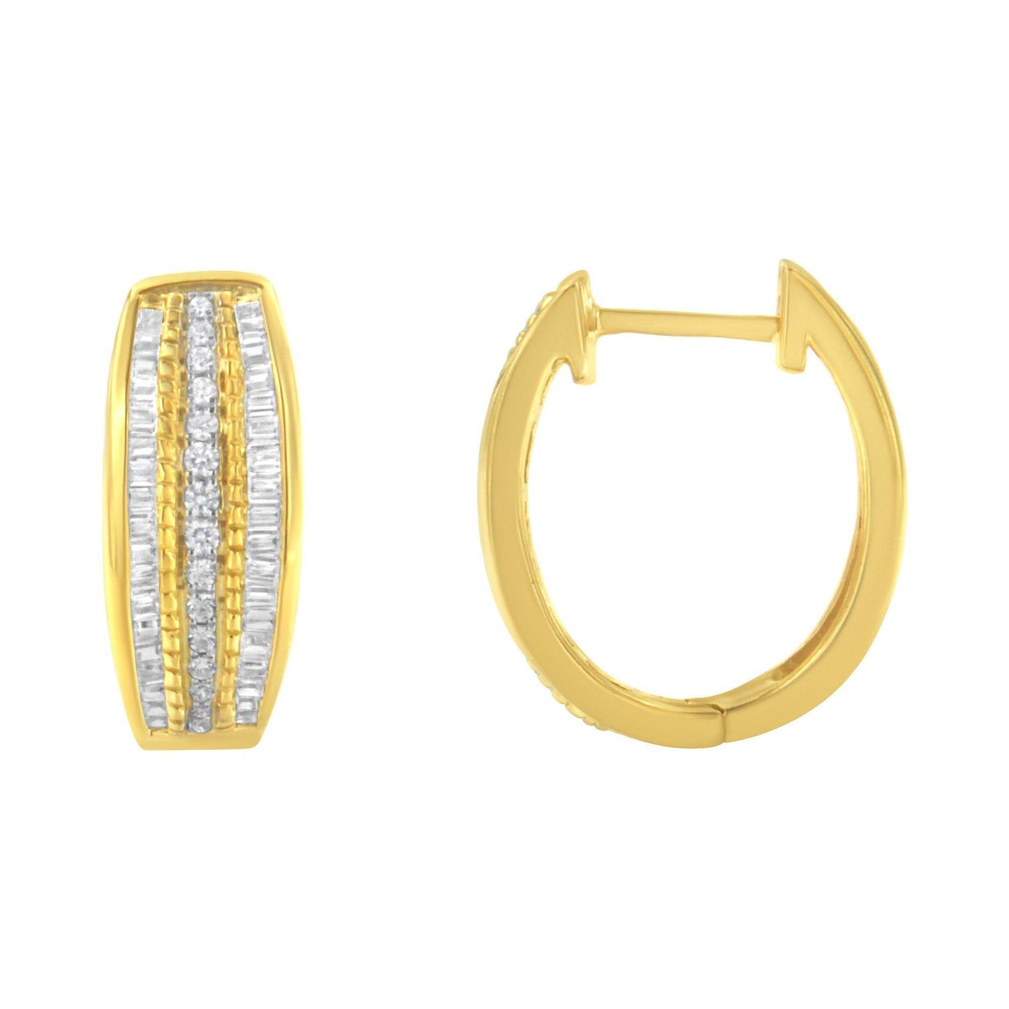 10K Yellow Gold 3/4 Cttw Pave and Channel Set Diamond Triple Row Modern Hoop Earrings (I-J Color, I2-I3 Clarity) - Bijoux-NYC Direct