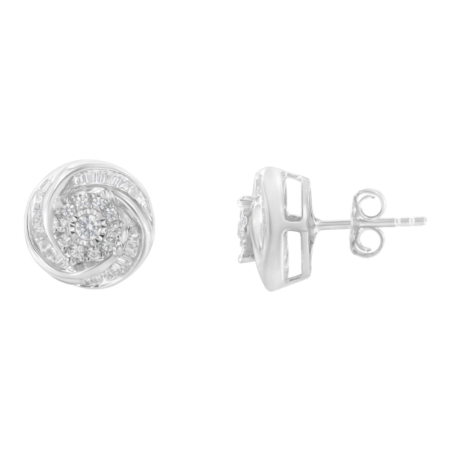 .925 Sterling Silver 3/4 Cttw Round and Baguette-Cut Diamond Love Knot Stud Earring (I-J Color, I2-I3 Clarity) - Bijoux-NYC Direct