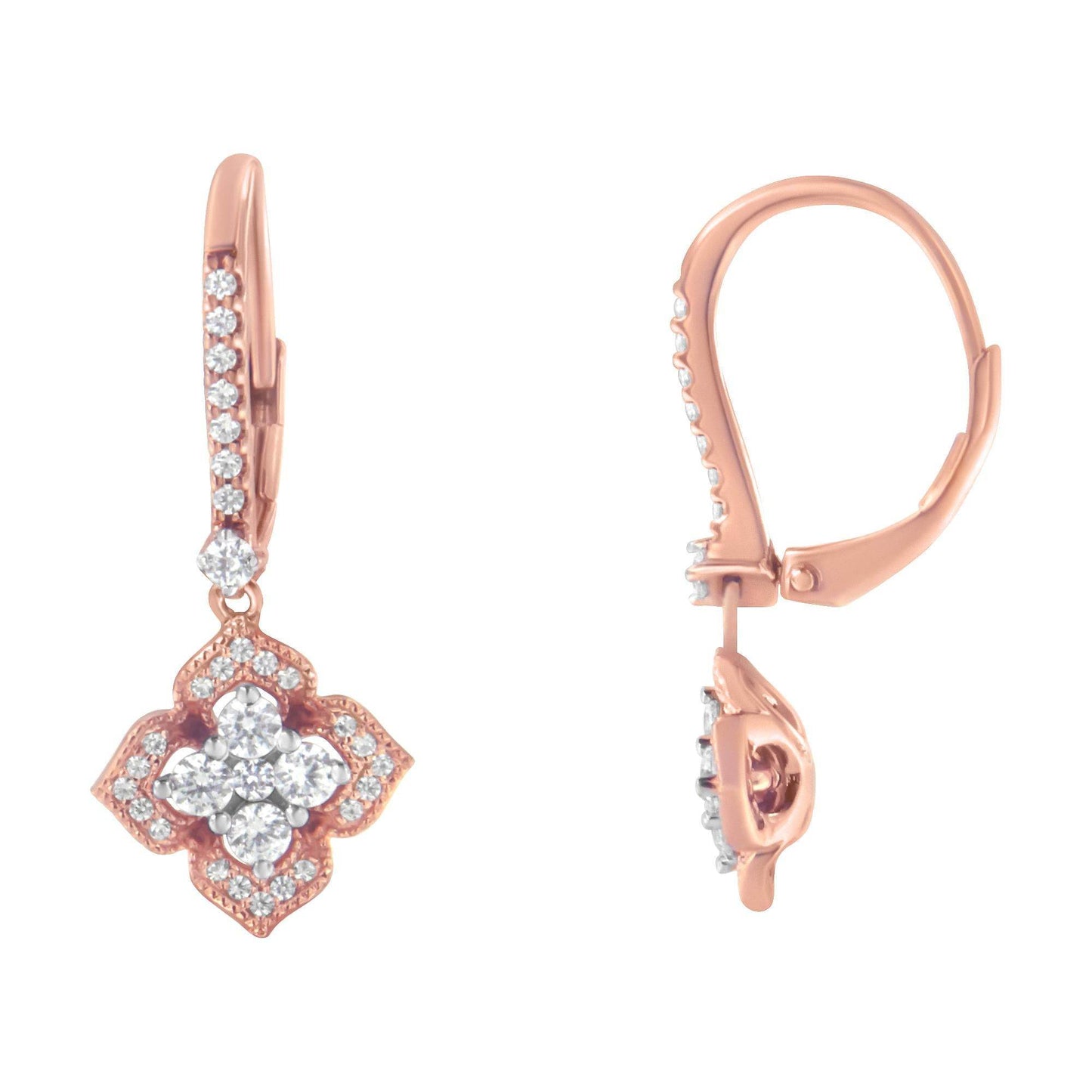 10K Rose Gold 3/4 Cttw Diamond Flower Drop Dangle Earring (I-J Color, I1-I2 Clarity) - Bijoux-NYC Direct