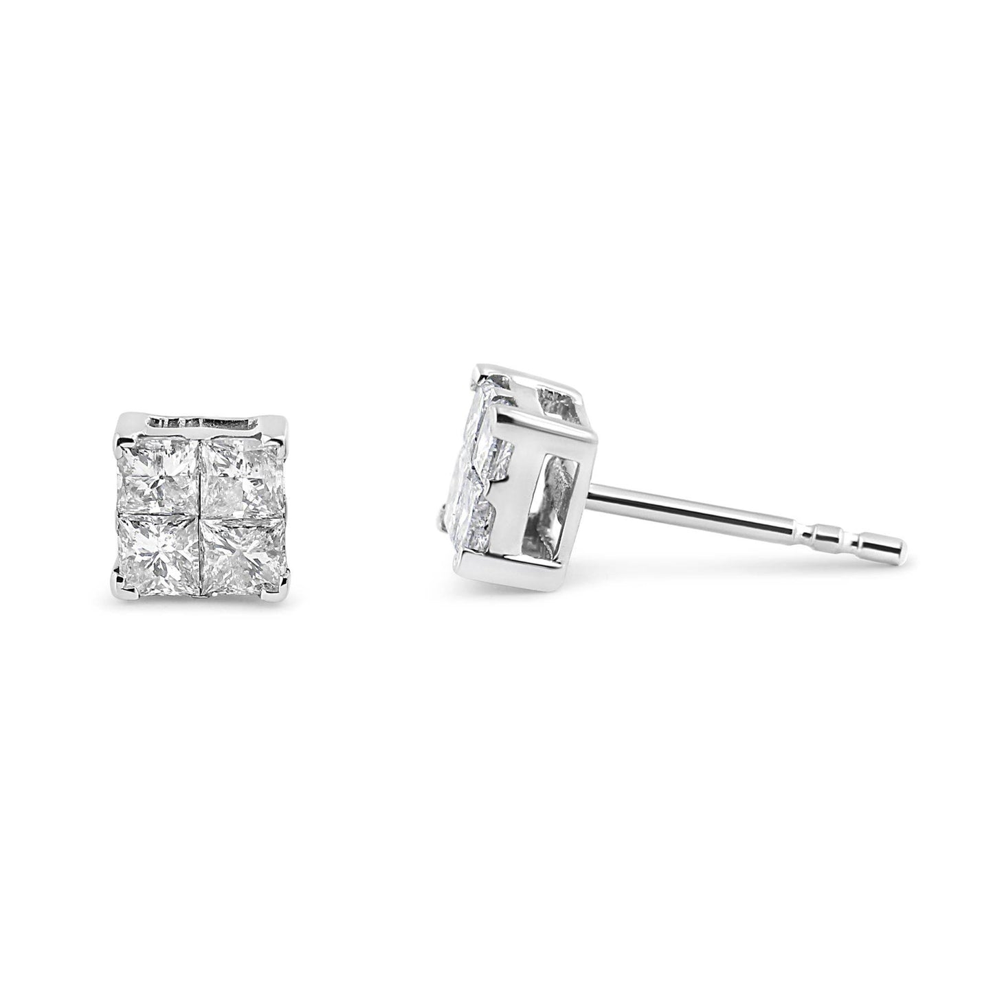 10K White Gold 1.00 cttw Invisible Set Princess-Cut Diamond Composite Square Shape Stud Earrings (G-H Color, I2-I3 Clarity) - Bijoux-NYC Direct