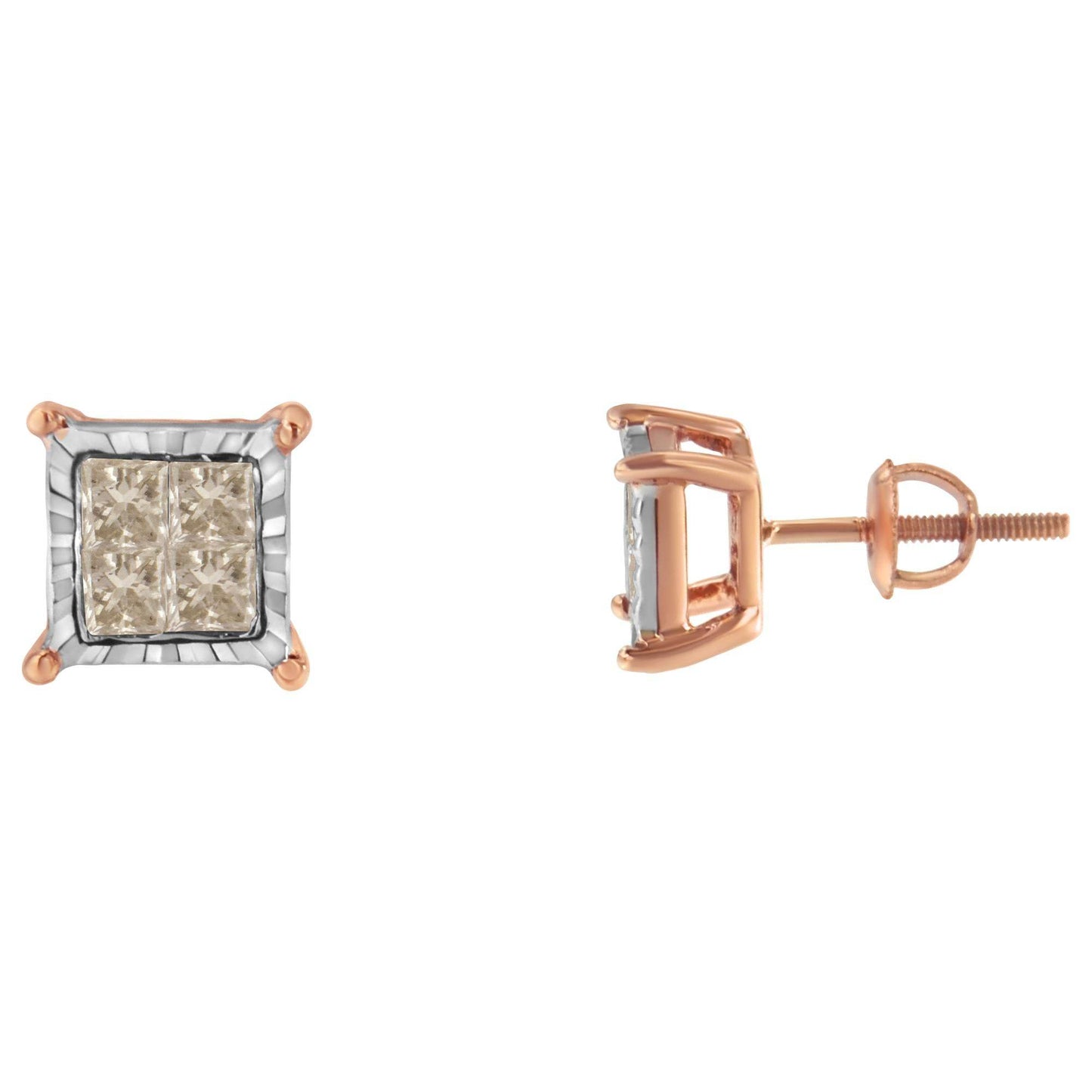 10K Two-Toned Princess-Cut Composite Diamond Stud Earrings (1/2 cttw, J-K Color, I1-I2 Clarity) - Bijoux-NYC Direct
