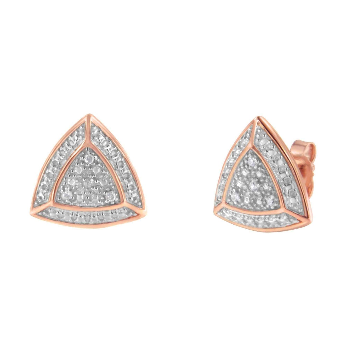 14K Rose Gold over .925 Sterling Silver Diamond-Accented Trillion Shaped 4-Stone Halo-Style Stud Earrings (H-I Color, I2-I3 Clarity) - Bijoux-NYC Direct
