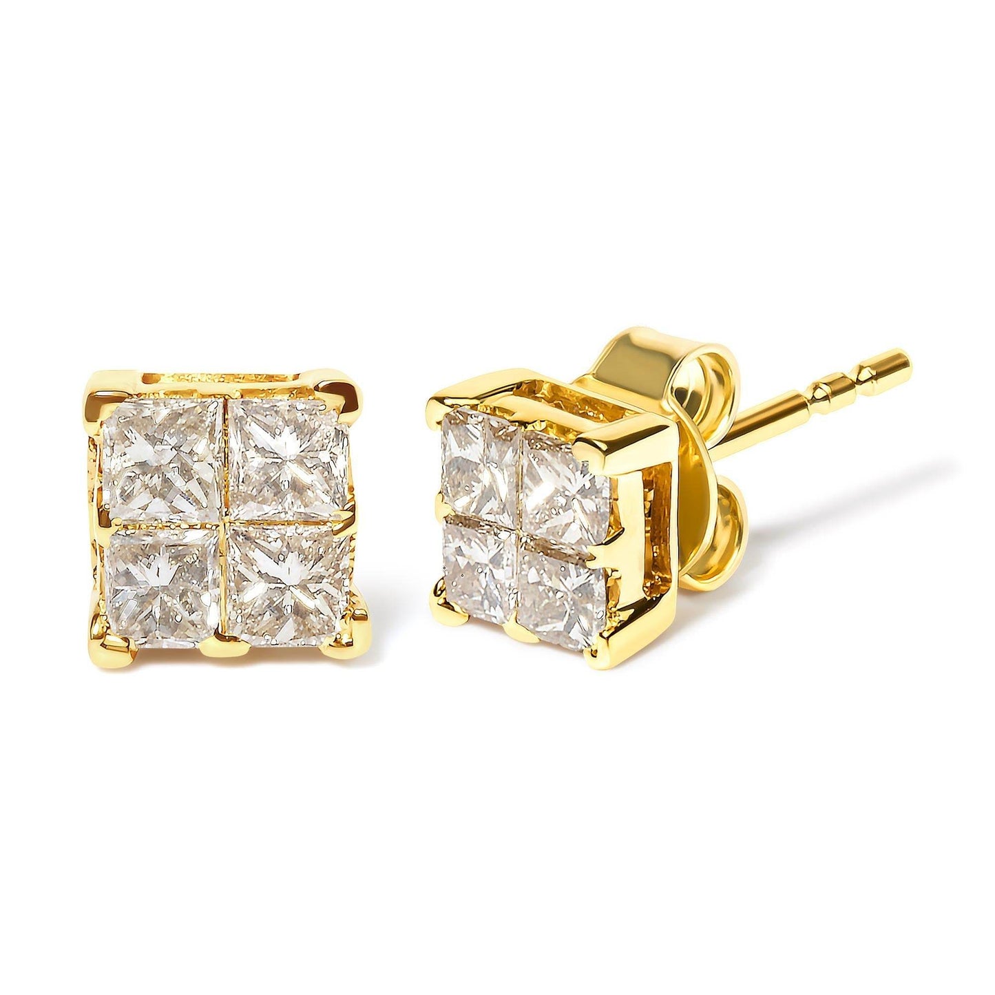 14K Yellow Gold 3/4 Cttw Invisible Set Princess-Cut Diamond 4 Stone Square Stud Earrings (J-K Color, SI2-I1 Clarity) - Bijoux-NYC Direct