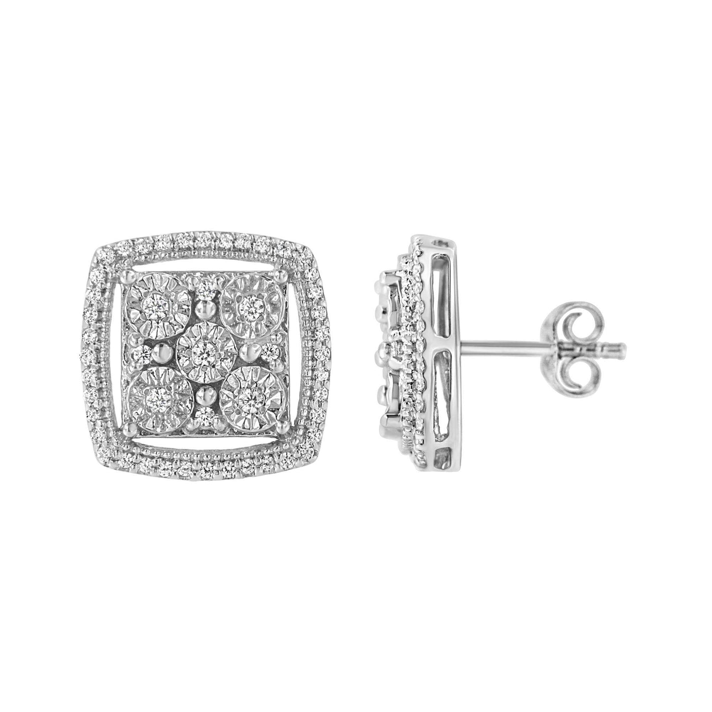 .925 Sterling Silver 3/8 Cttw Miracle Set Round Diamond Double Halo Cluster Earrings (I-J Color, I2-I3 Clarity) - Bijoux-NYC Direct