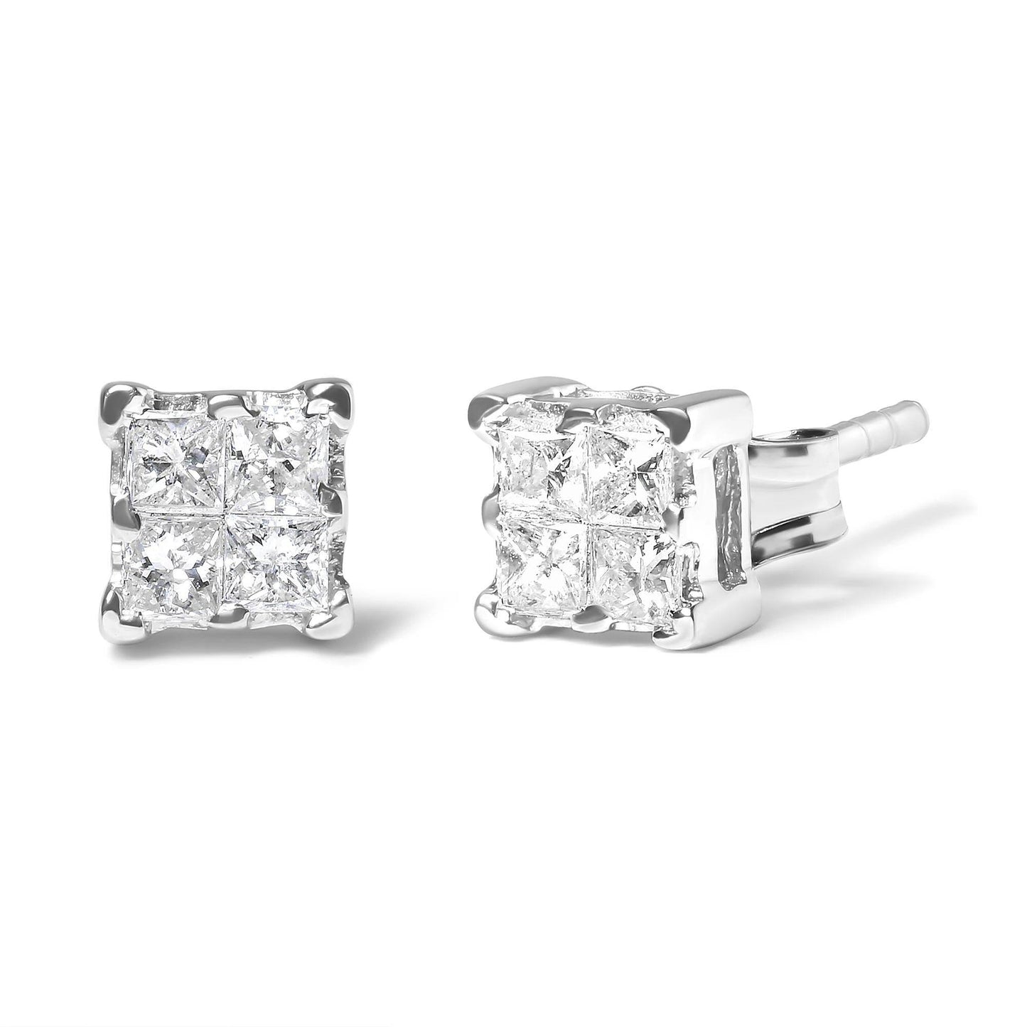 .925 Sterling Silver 1/4 Cttw Invisible Set Princess Diamond Composite Quad Stud Earrings (I-J Color, I1-I2 Clarity) - Bijoux-NYC Direct