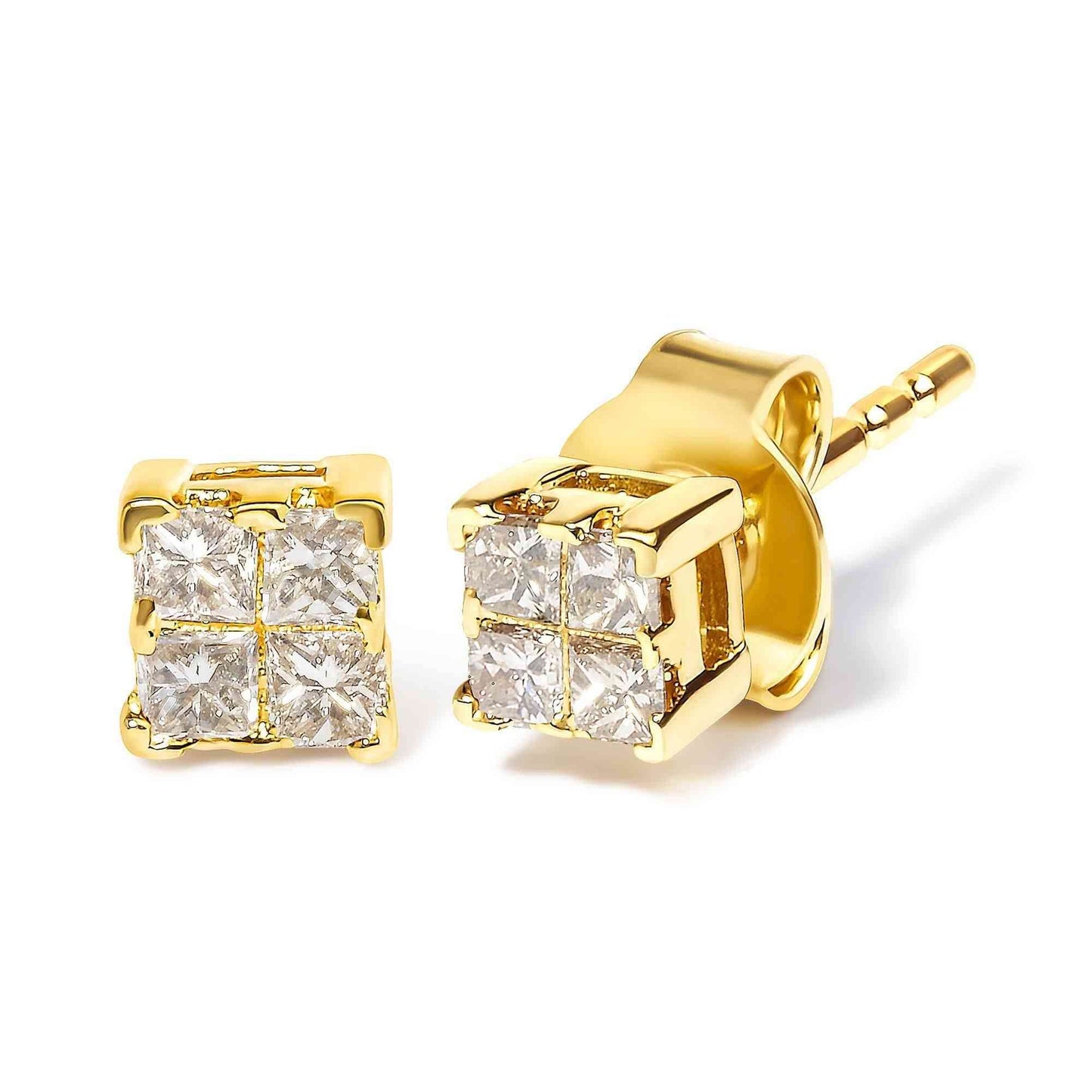 14K Yellow Gold 1/4 Cttw Invisible Set Princess-Cut Diamond Square Stud Earring (J-K Color, I1-I2 Clarity) - Bijoux-NYC Direct