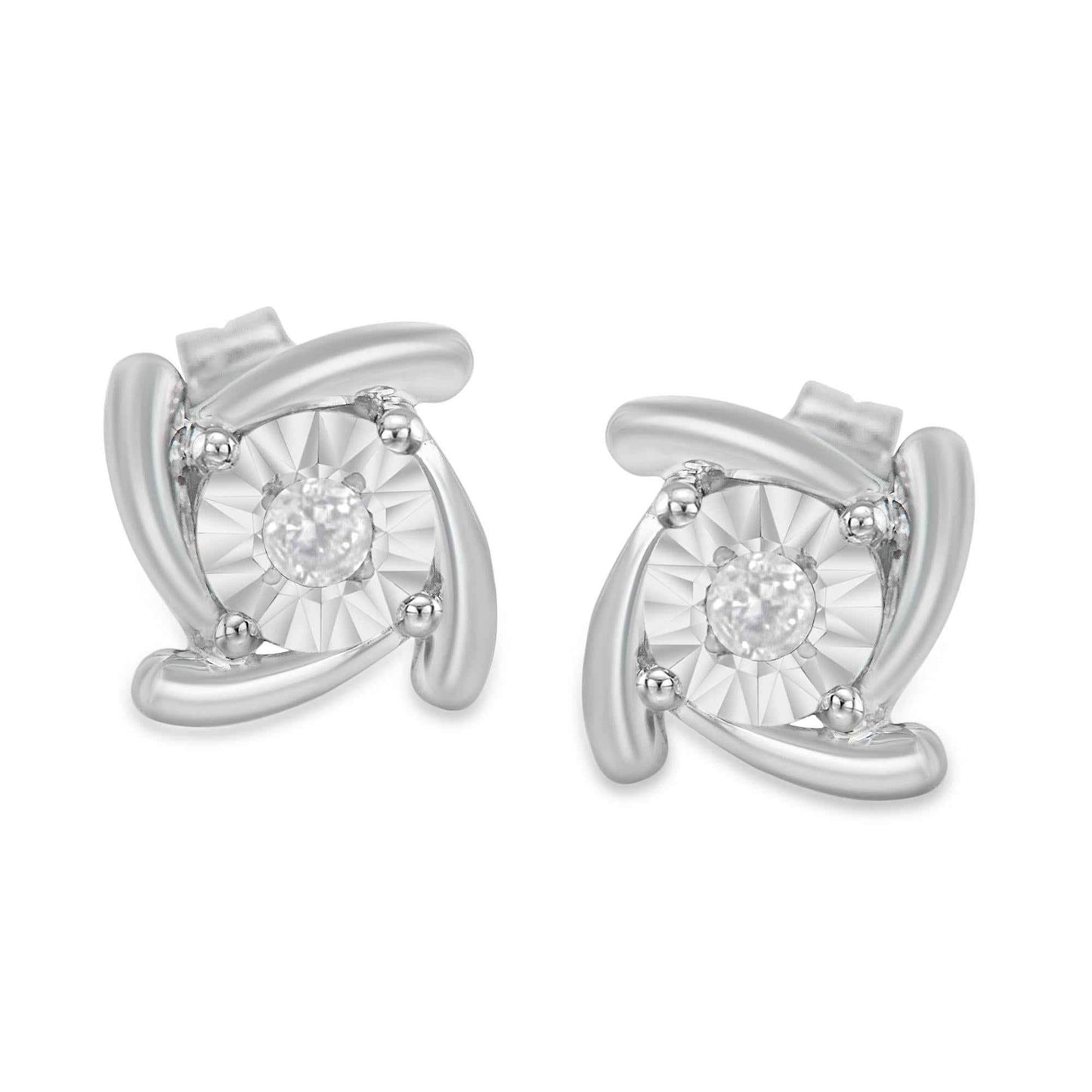 .925 Sterling Silver 1/10 Cttw Round Brilliant-Cut Near Colorless Diamond Miracle-Set Square Pinwheel Stud Earrings (I-J Color, I3 Clarity) - Bijoux-NYC Direct