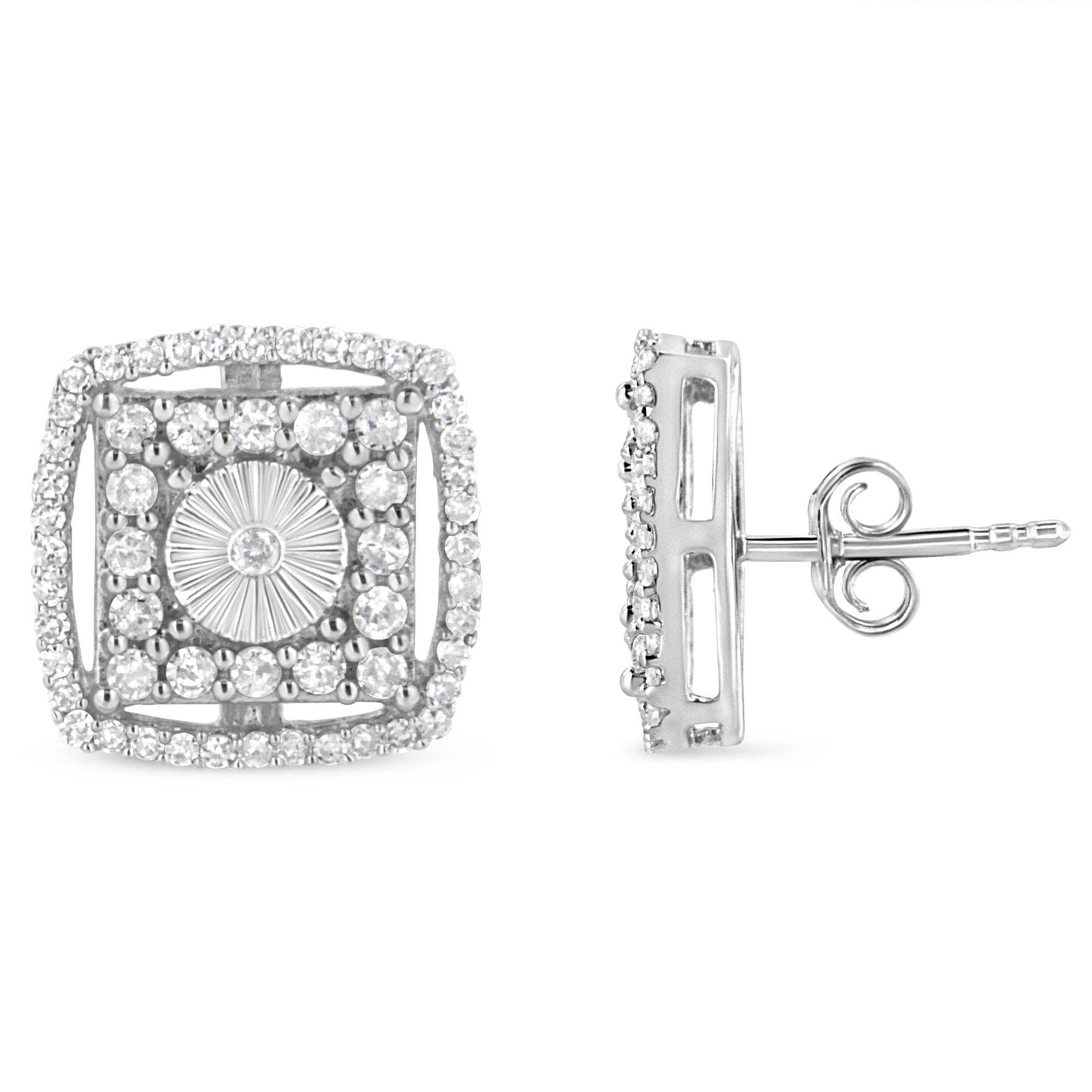 .925 Sterling Silver 1.0 Cttw Round Diamond Double Halo and Disc Stud Earring (I-J Color, I2-I3 Clarity) - Bijoux-NYC Direct