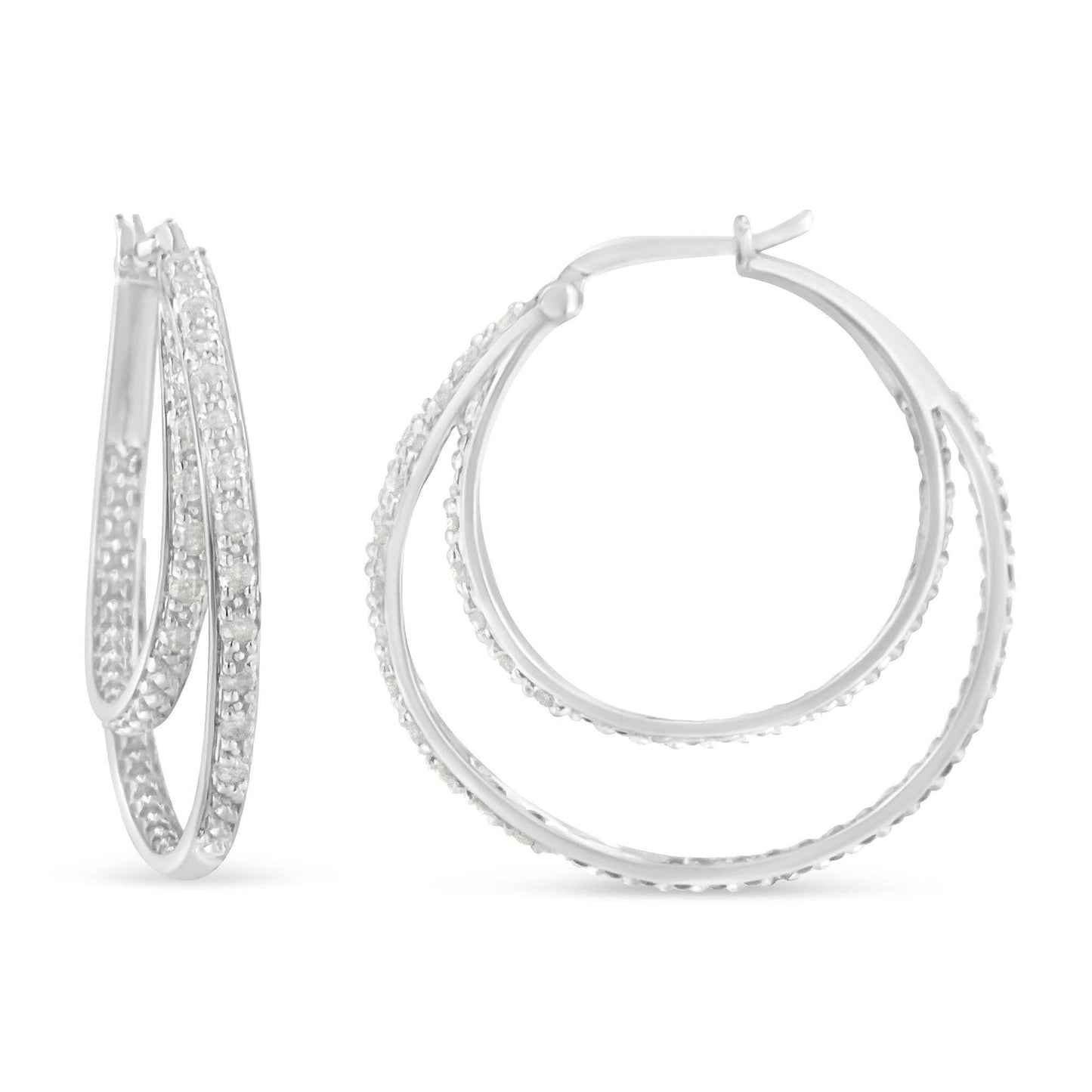 .925 Sterling Silver 1/2 cttw Miracle-Set Diamond Double Hoop with Latchback Earrings (I-J Color, I3 Clarity) - Bijoux-NYC Direct