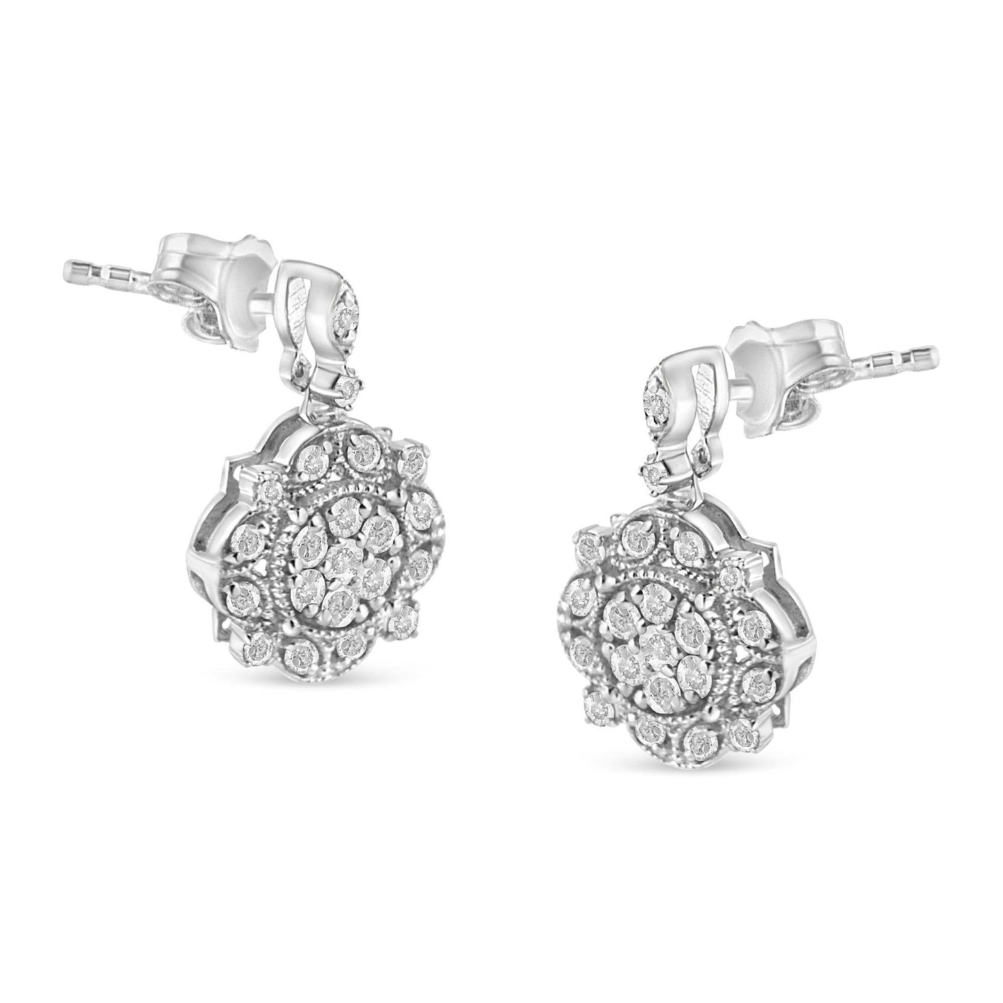 .925 Sterling Silver 1/2 Cttw Diamond Dangle Miligrain Earring (I-J Color, I2-I3 Clarity) - Bijoux-NYC Direct