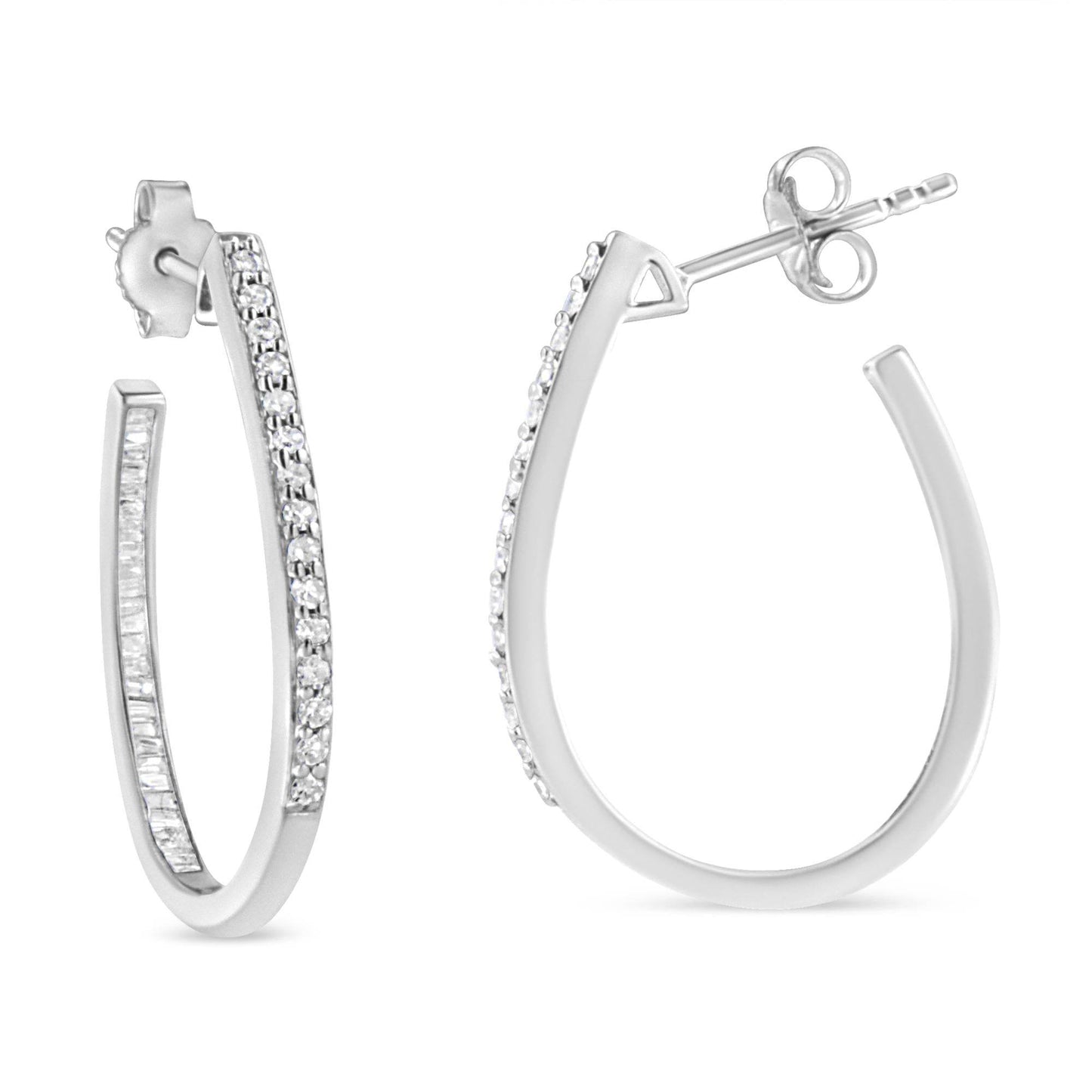 .925 Sterling Silver 1/2 Cttw Round and Baguette-Cut Diamond Inside-Outside Hoop Earrings (H-I Color, I1-I2 Clarity) - Bijoux-NYC Direct
