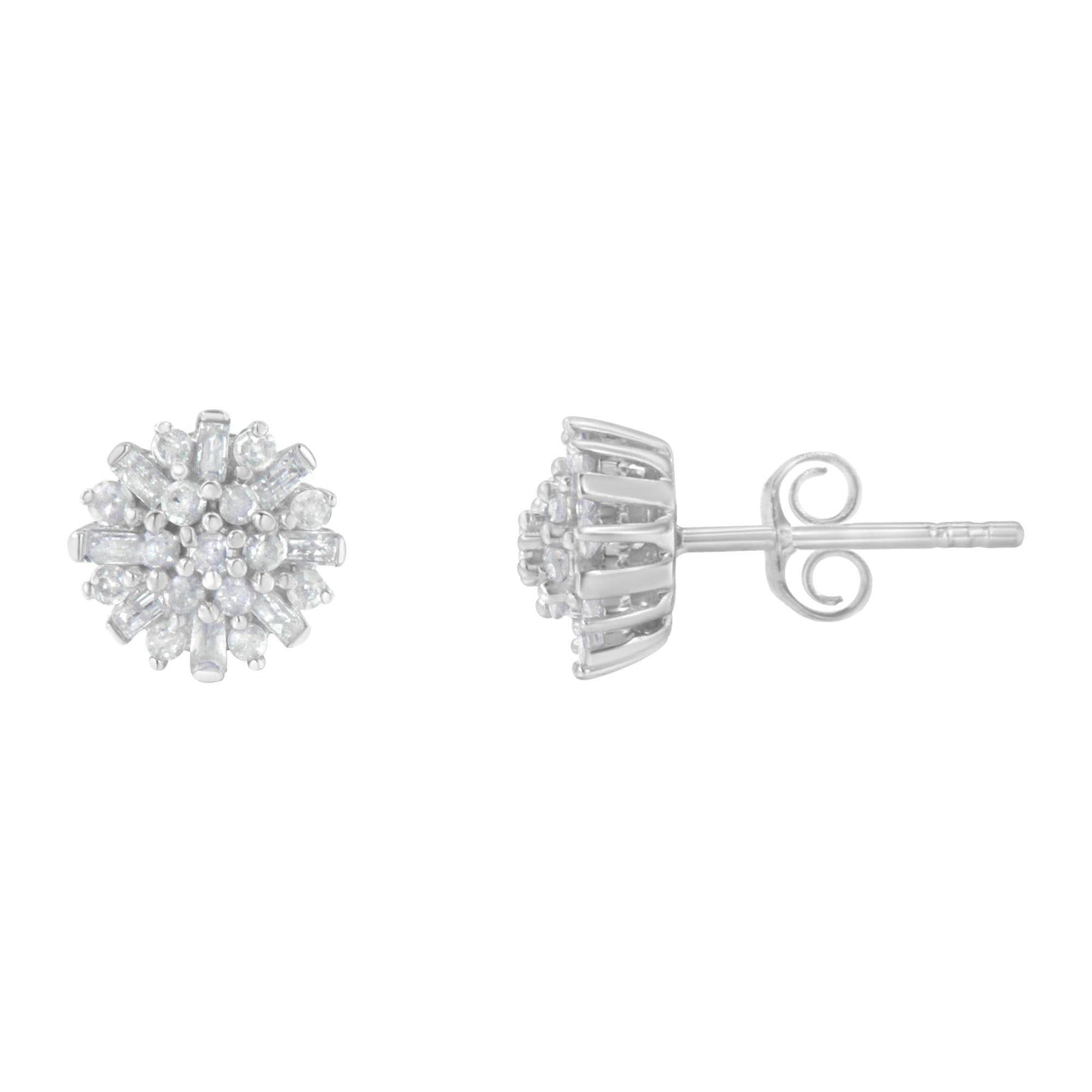 .925 Sterling Silver 1/2 Round and Baguette Diamond Sunburst Floral Cluster Stud Earrings (I-J Color, I3 Clarity) - Bijoux-NYC Direct
