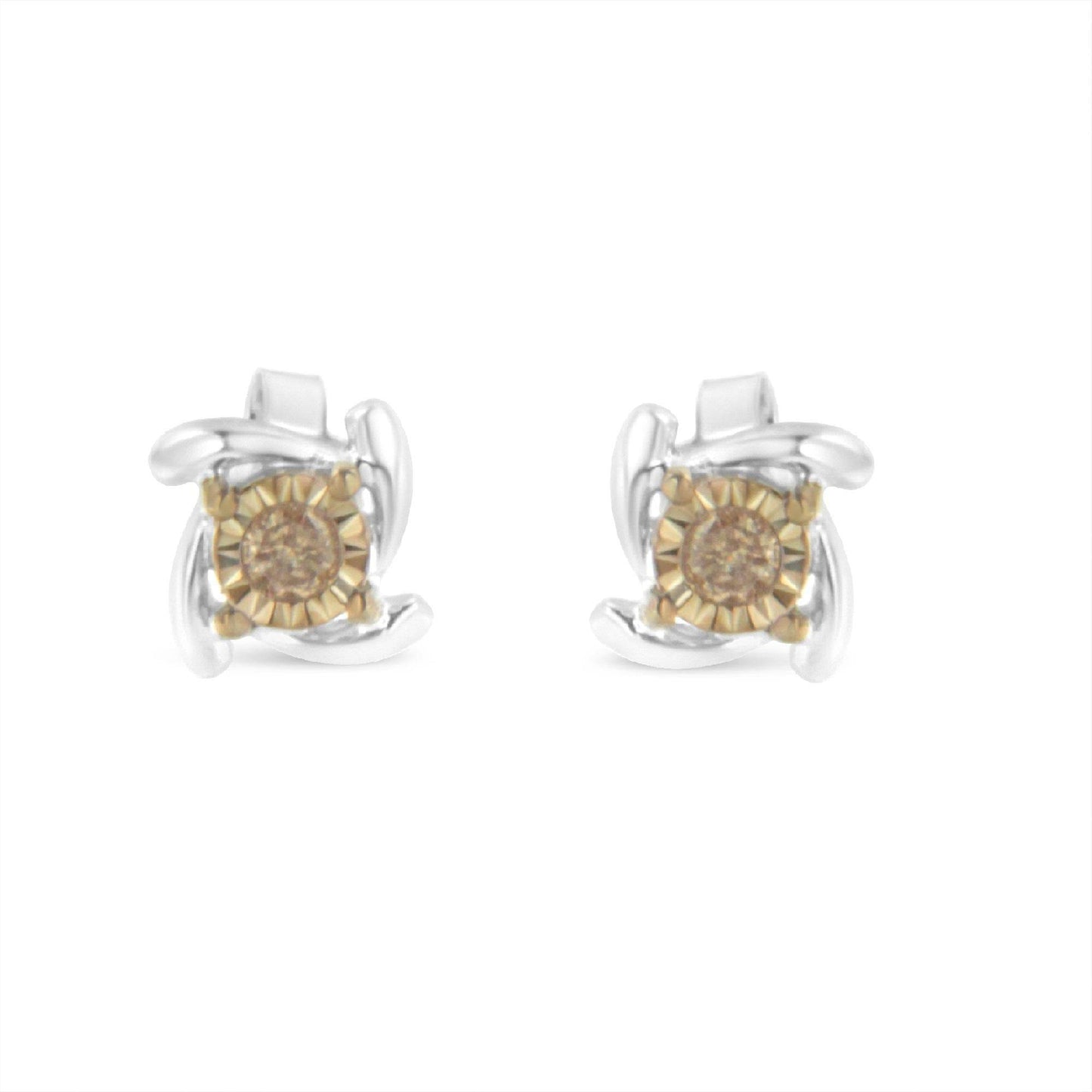 Two-Toned Sterling-Silver Diamond Stud Earring (0.10 cttw, Champagne Color, I2-I3 Clarity) - Bijoux-NYC Direct